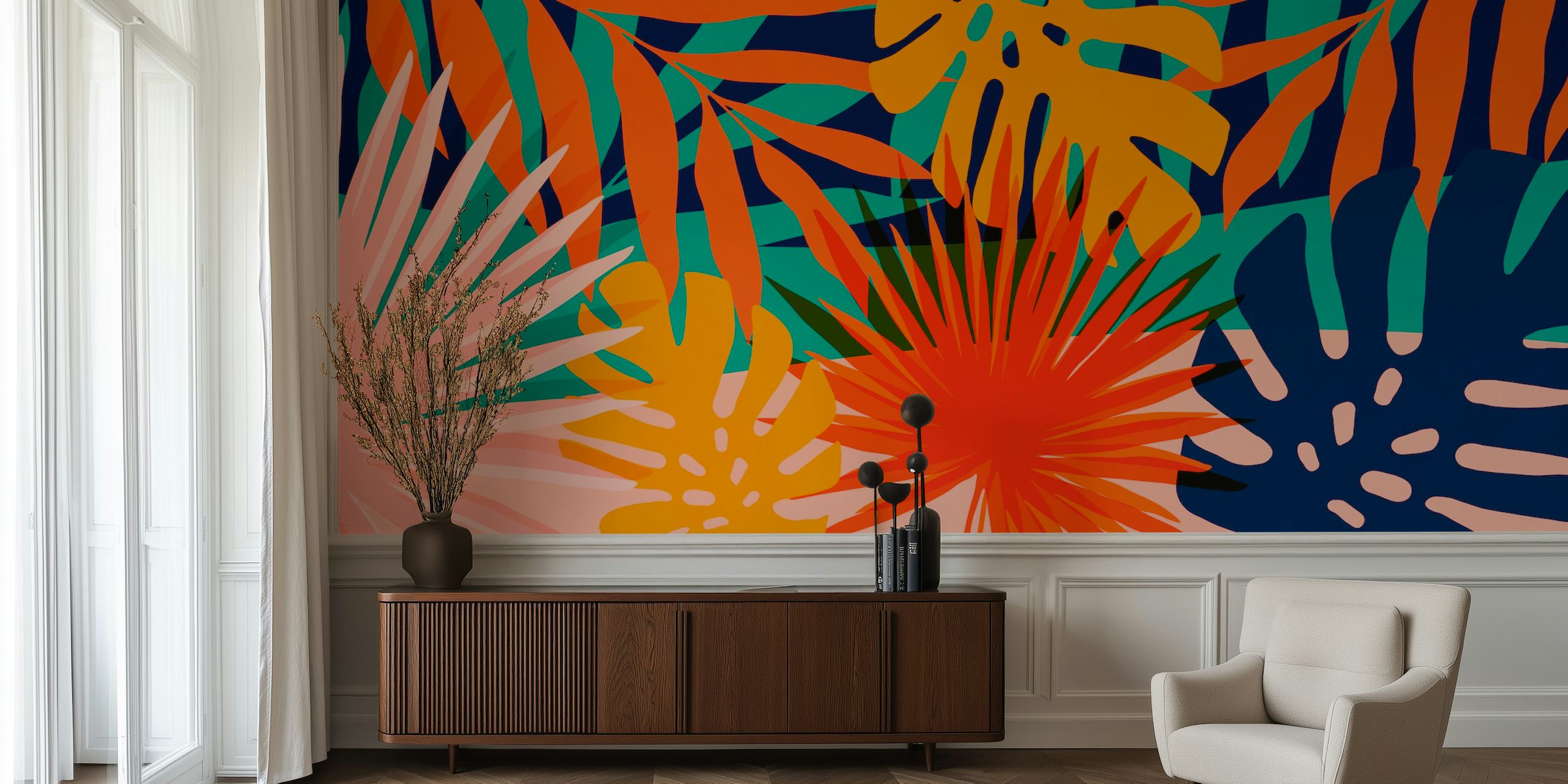 Vibrant tropical foliage wall mural with orange, green, and blue leaves