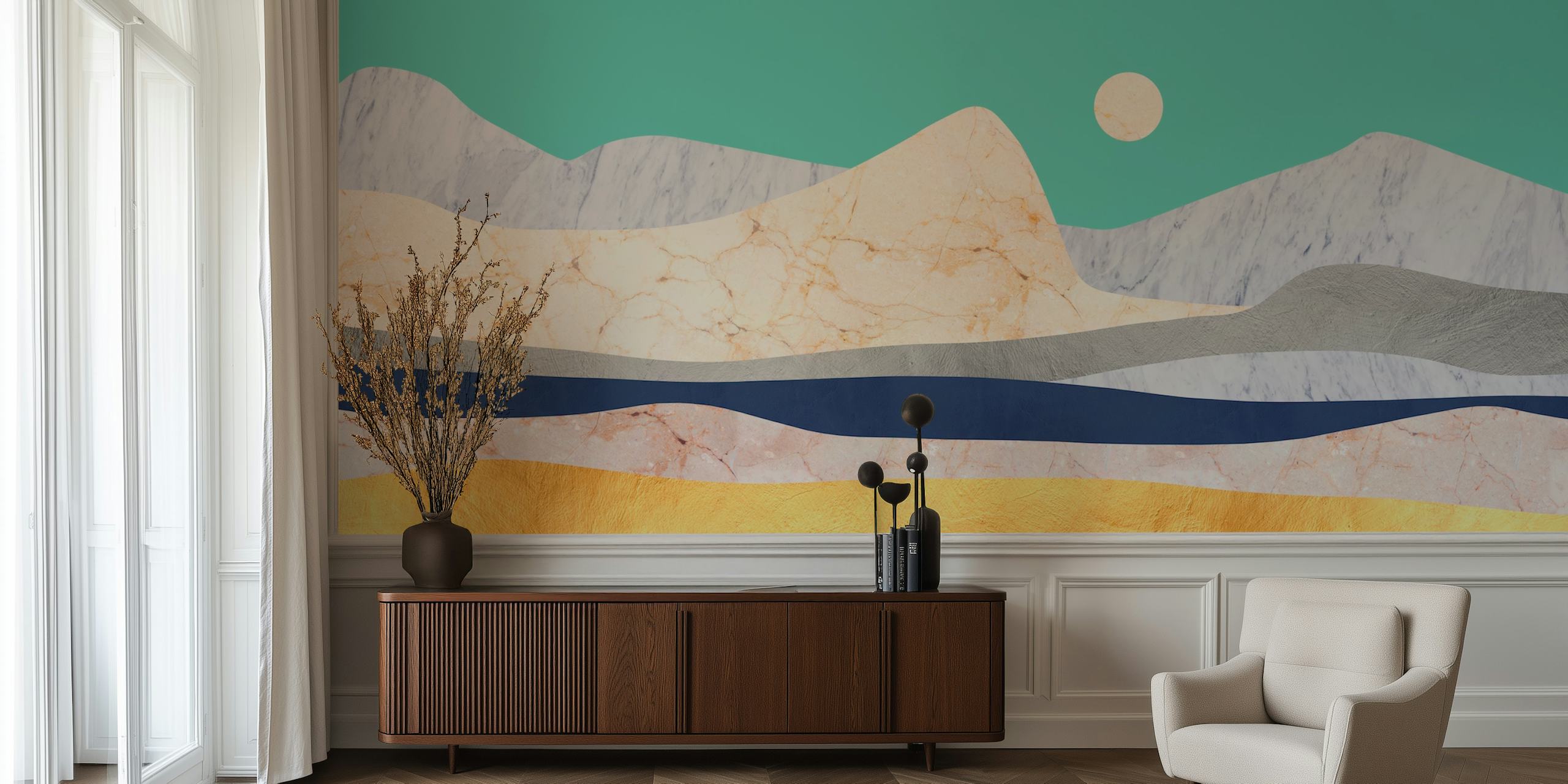Landscape collage wallpaper in a modern room