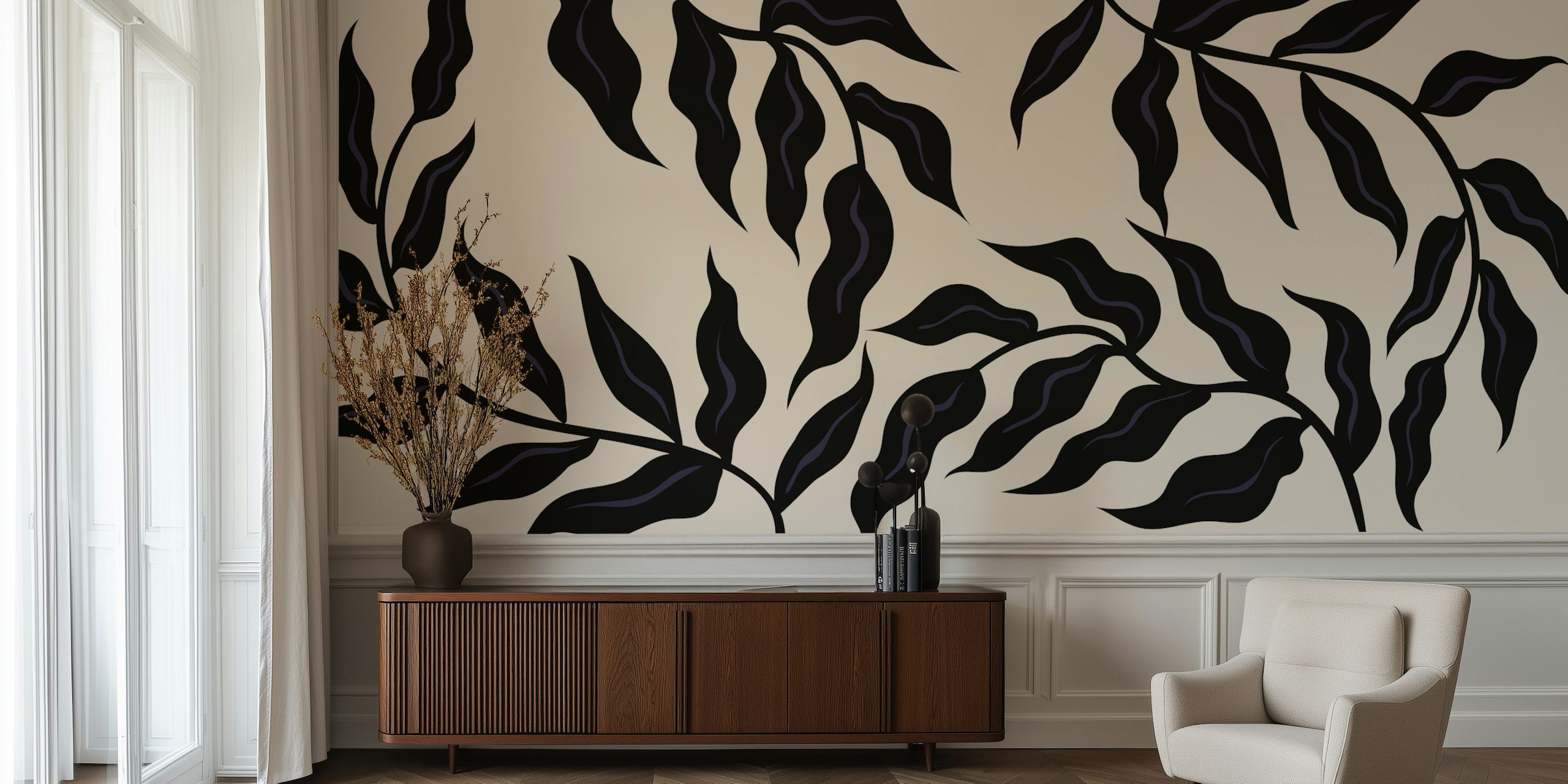 50s Leaves Black design de papel de parede