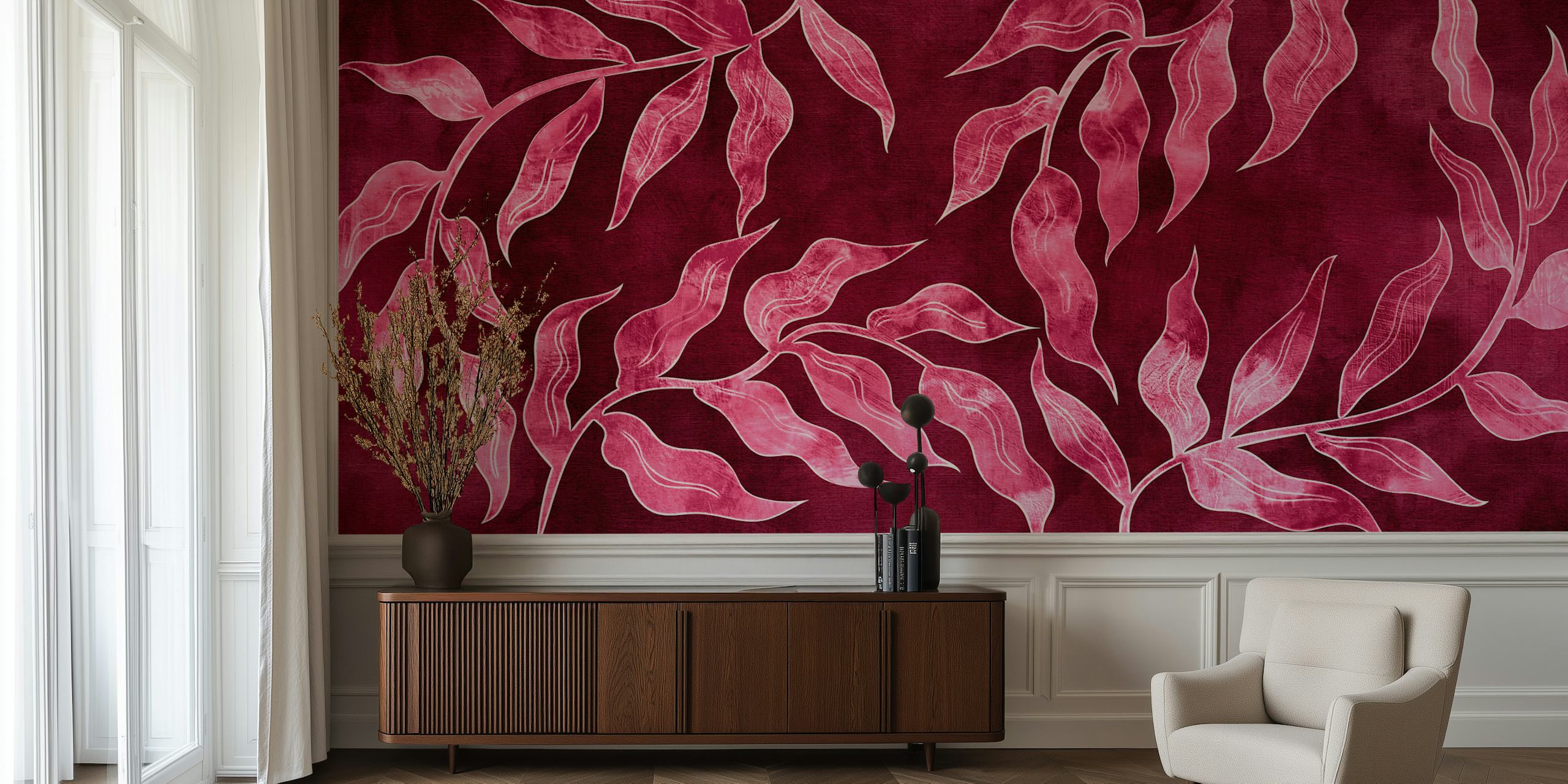 Tapeta Watercolor Leaf Fabric wyeksponowana w pokoju