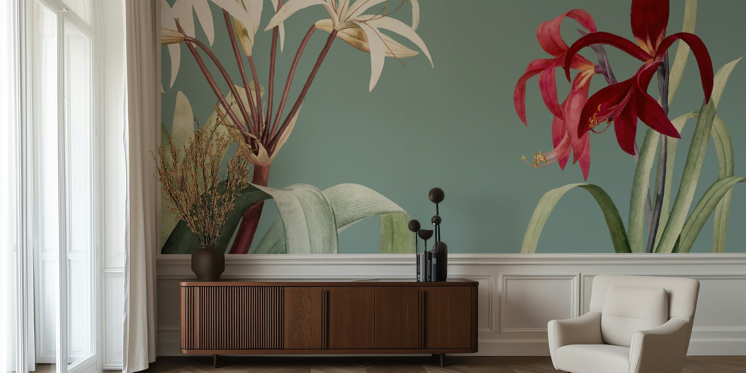 Big Botanic Green Blumen-Tapete In Einem Raum