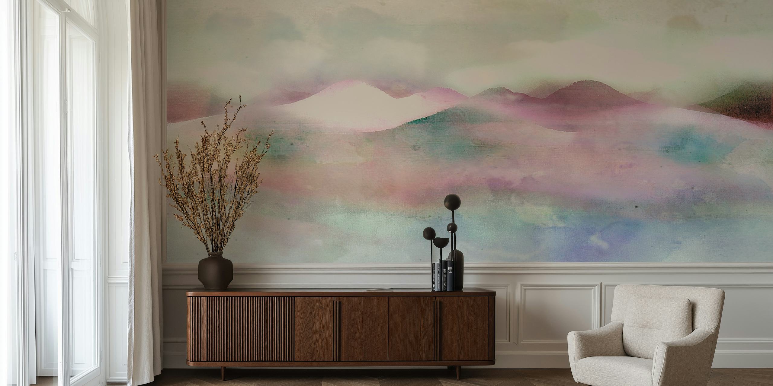 Soft pastel colored mountain landscape wallpaper, abstract design