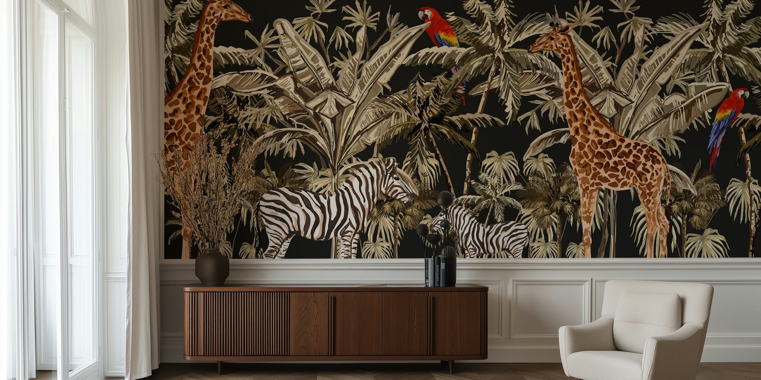 Jungle animals including giraffes and zebras in vibrant colors on black wallpaper