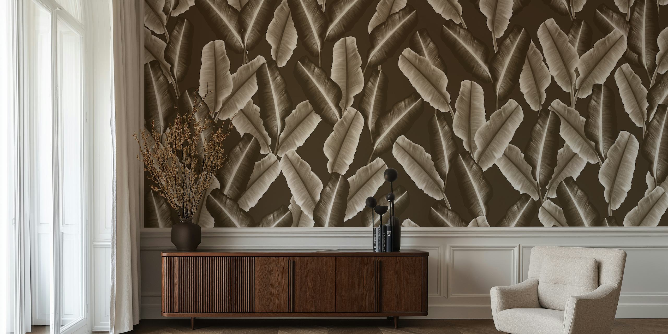 Earthy toned banana leaf pattern wall mural