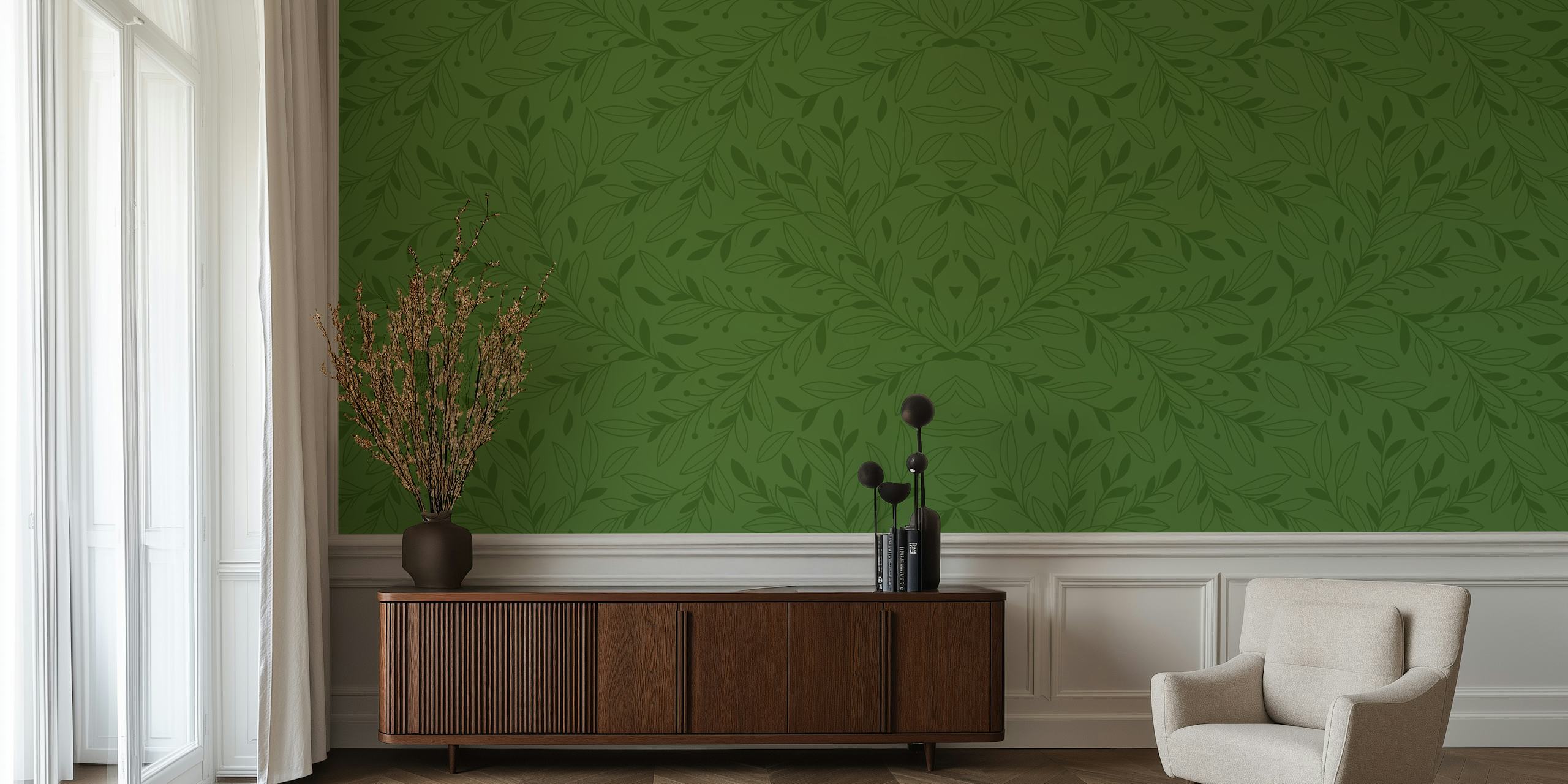 Tapeta Floral Green Leaf Vystavená V Místnosti
