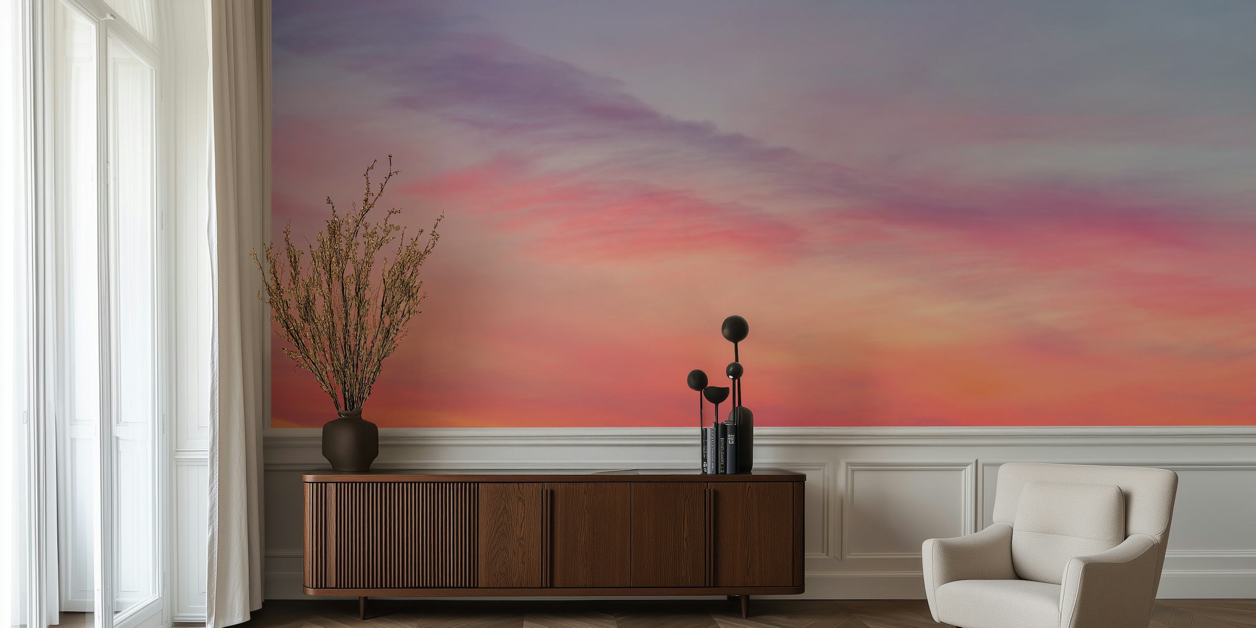 Twilight Reverie solnedgangshimmel veggmaleri med pastellfarger