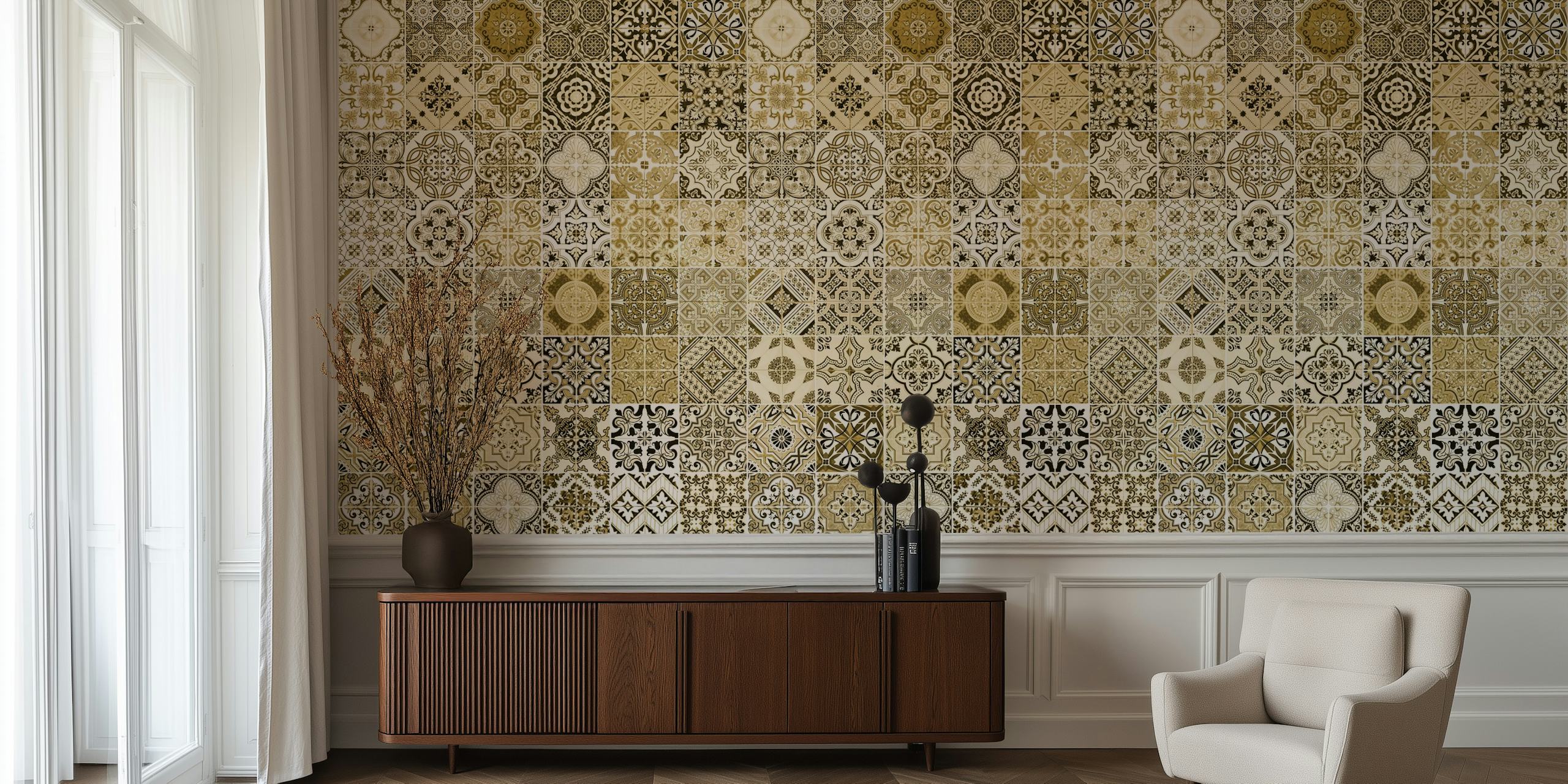 Geometric Moroccan tile pattern in yellow, grey, and cream wallpaper