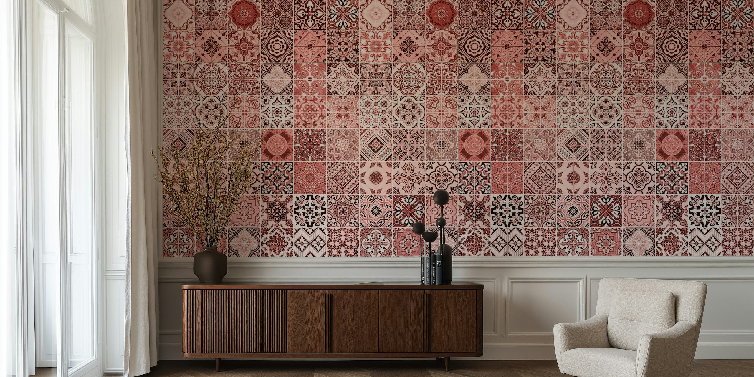 Intricate red and white tile patterns wallpaper