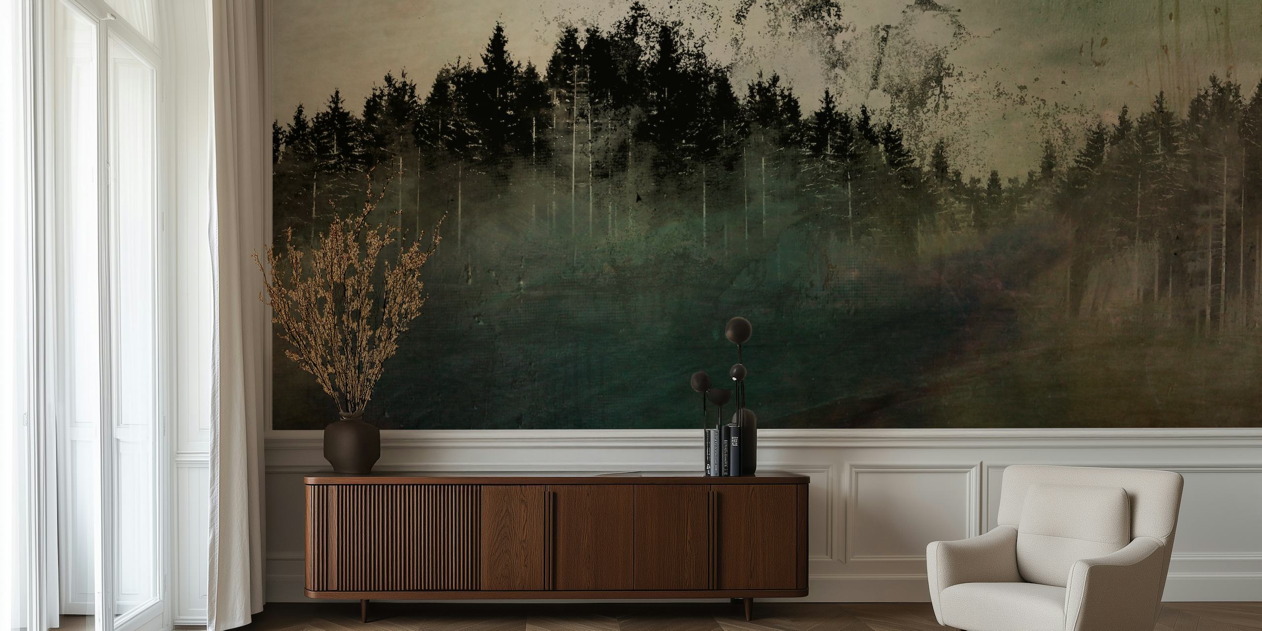 Papel de parede Nordic Dream Pine Forest Ink Grunge em um quarto