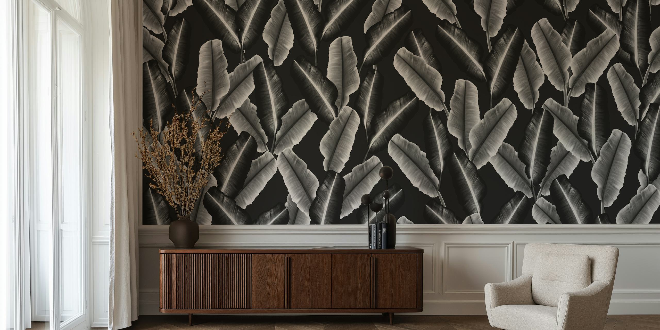 Tropical banana leaves pattern wallpaper in a room
