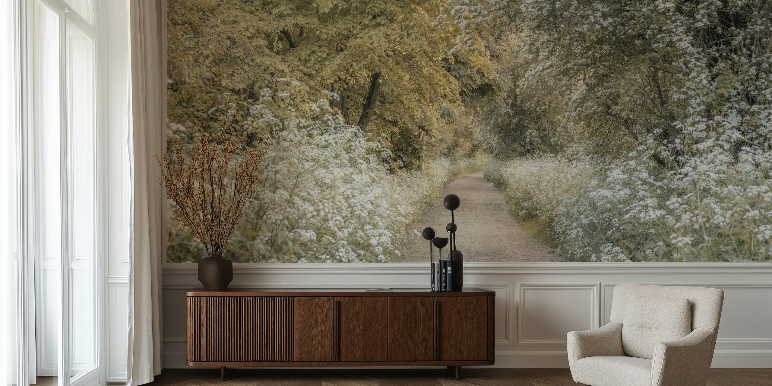 Woodland path surrounded by flowers and trees in soft colors wallpaper
