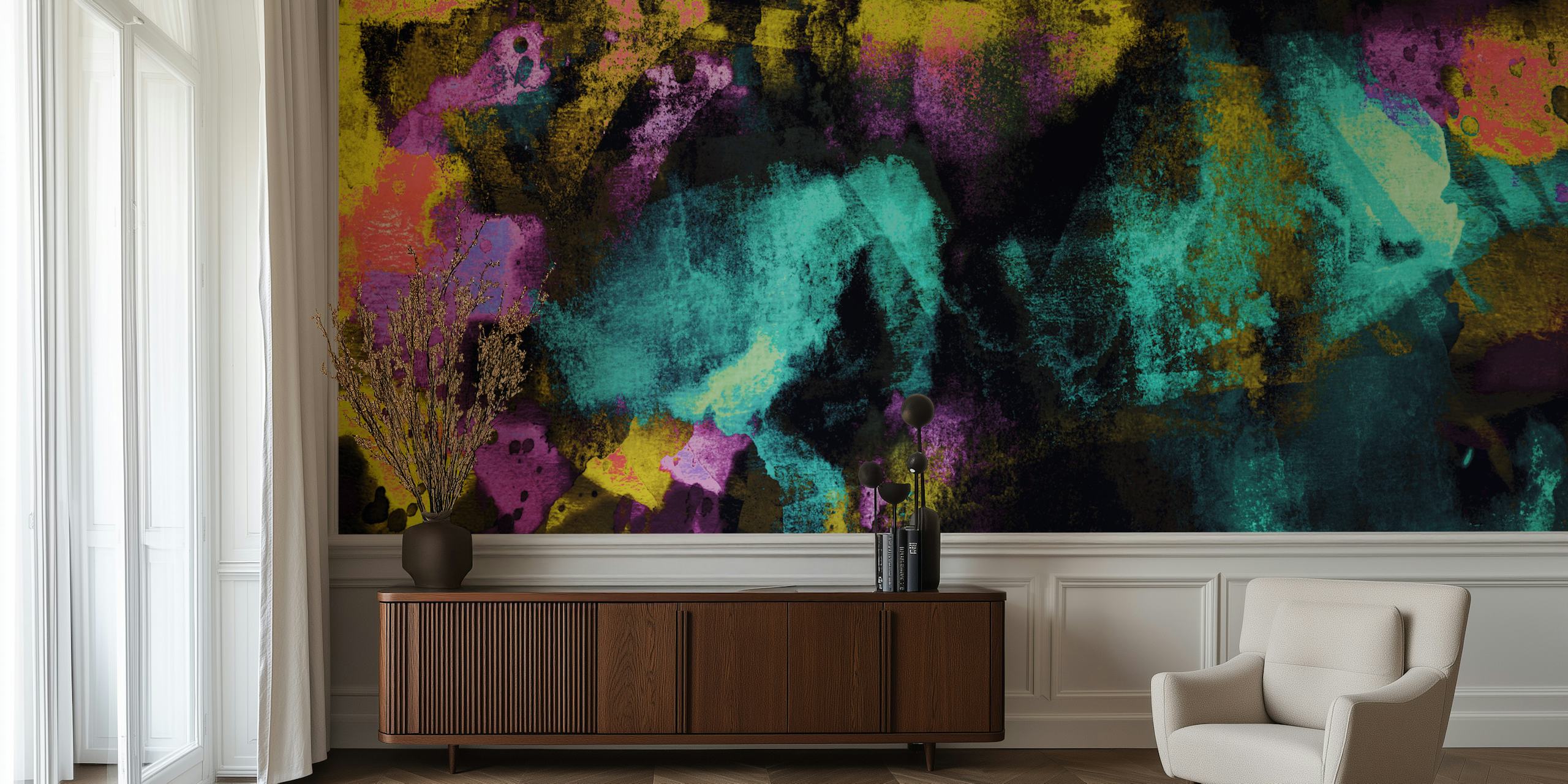 Retro Grunge wall mural with a mix of vibrant colors and dark textures