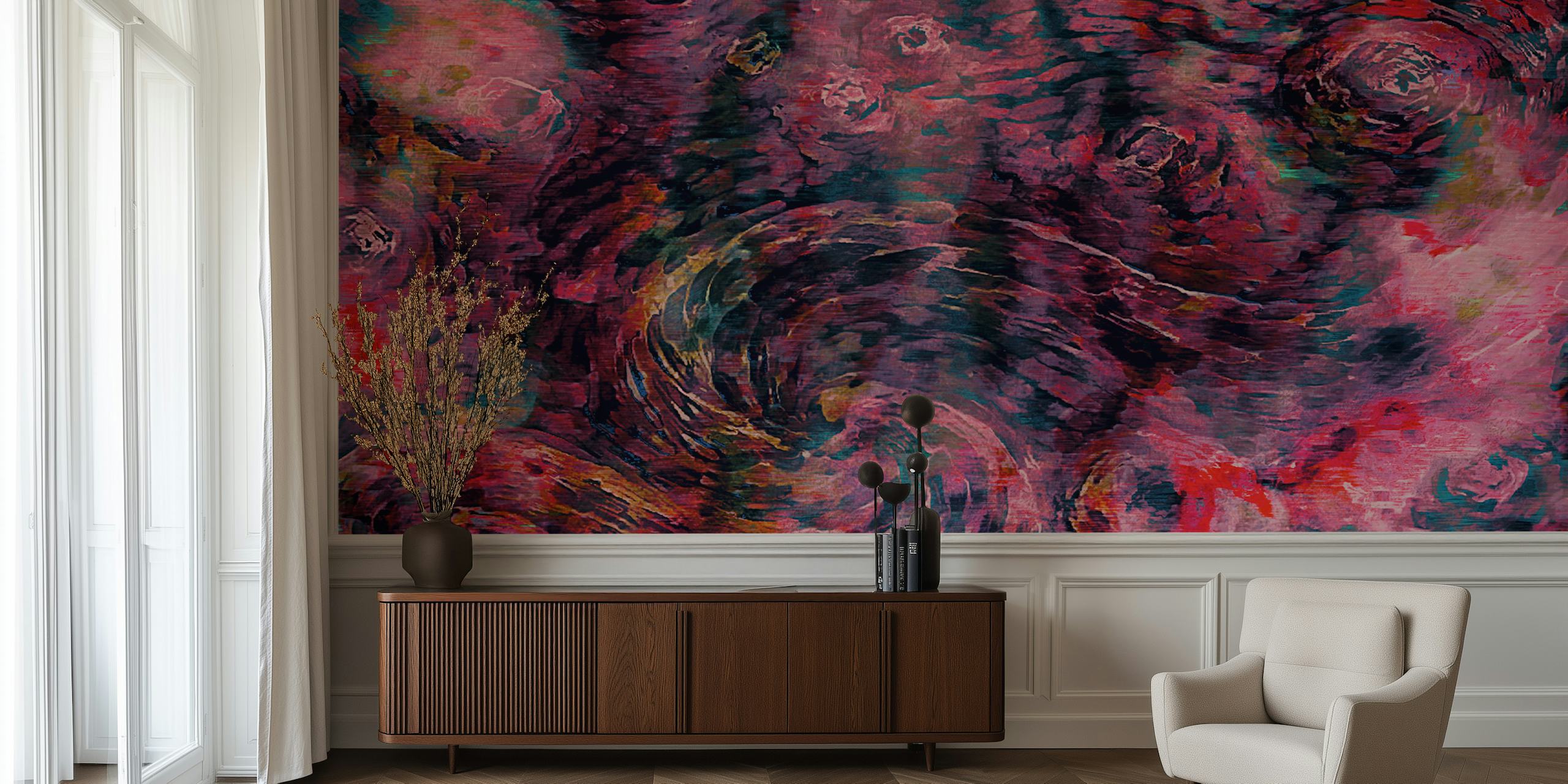 Magenta Van Gogh style wall mural with dynamic brush strokes in purple and pink shades.