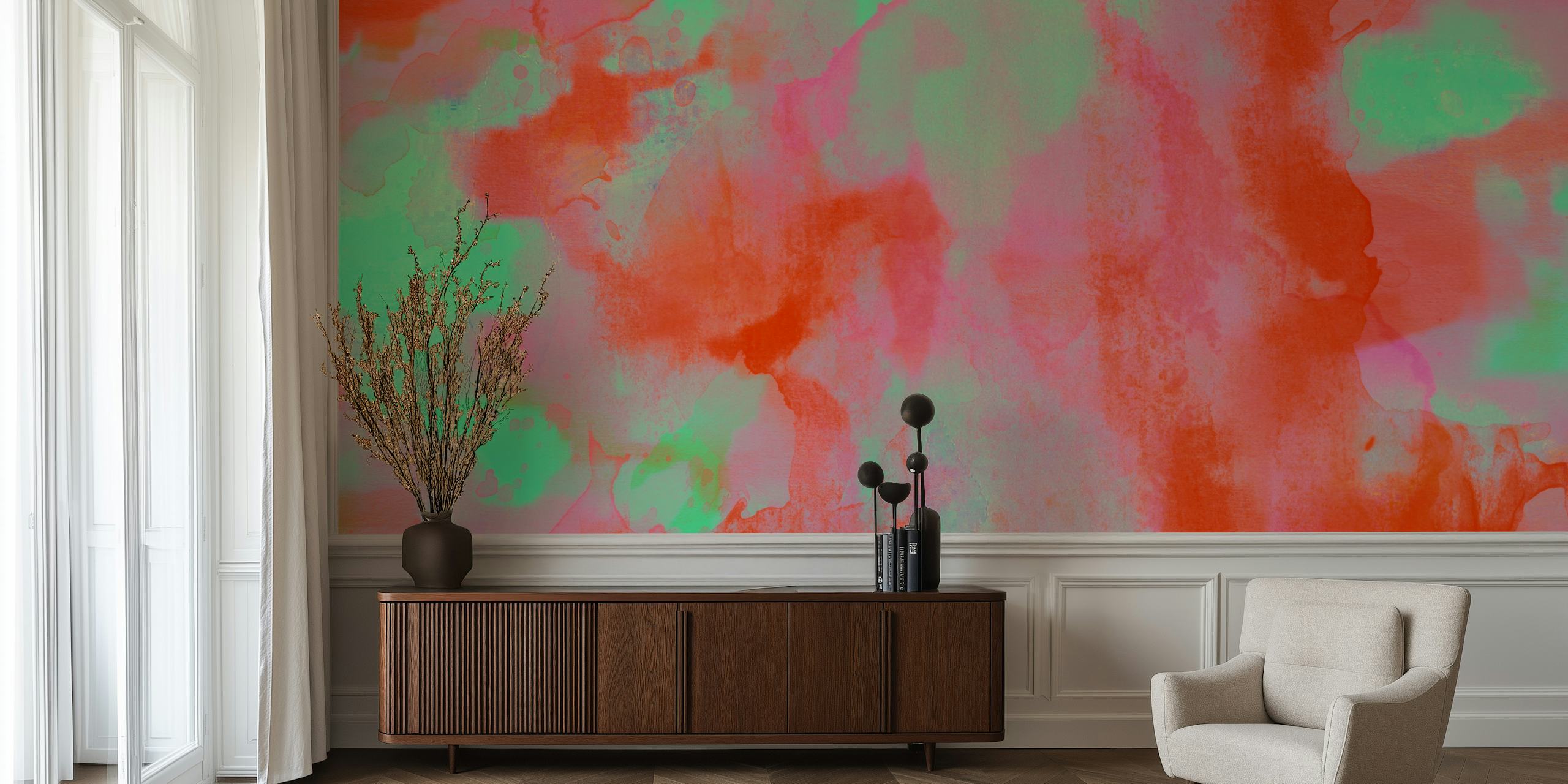 Colorful abstract brushstroke wallpaper in coral and green tones