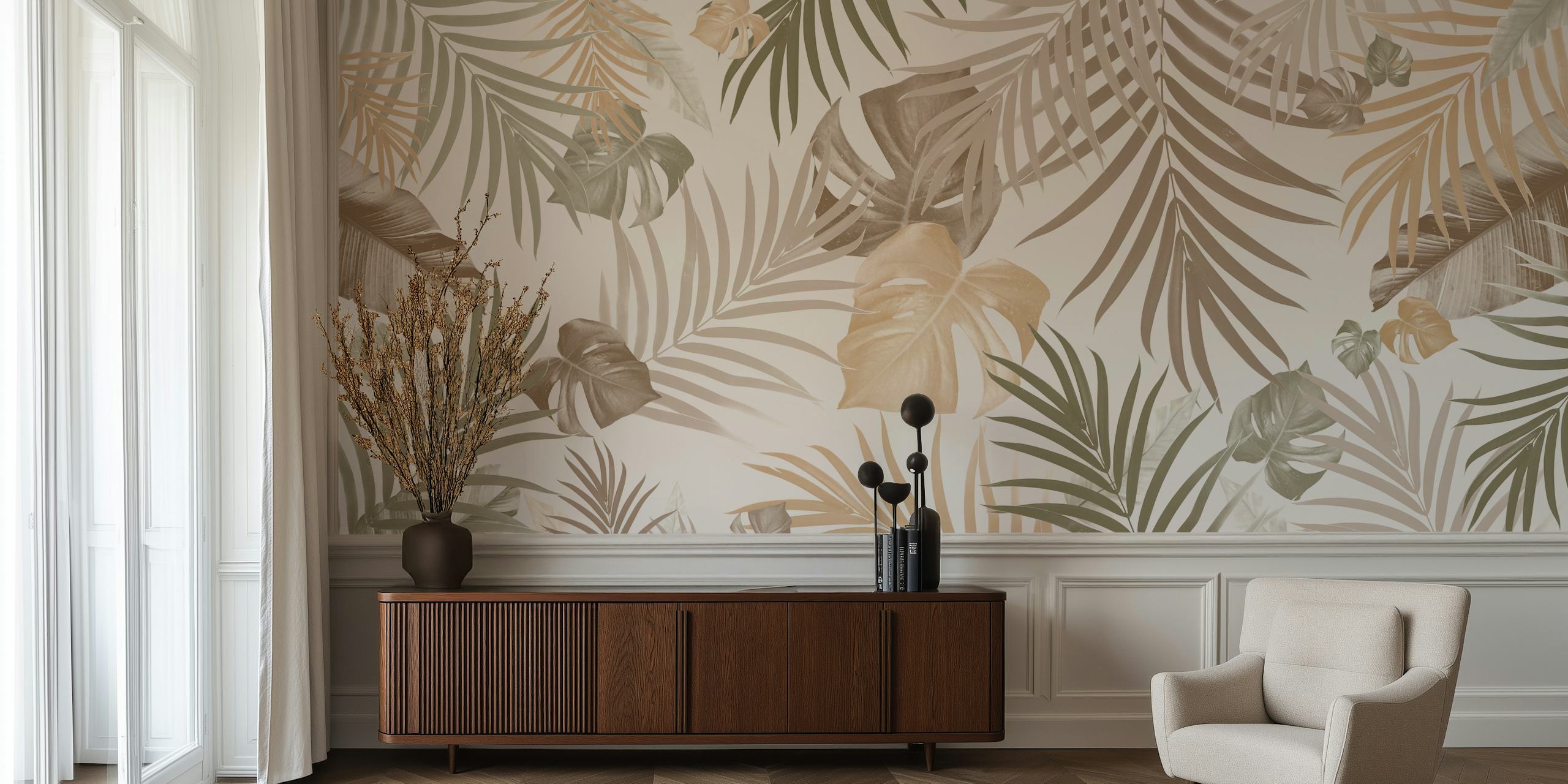 Elegant tropical jungle leaves wall mural in a neutral color palette