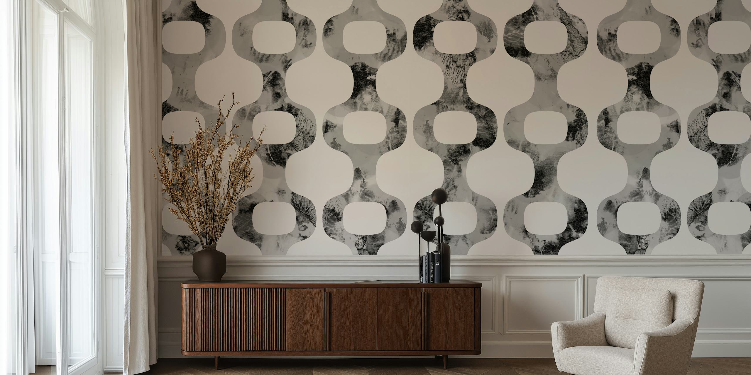 Mid-Century Urban geometric pattern wallpaper in black and white