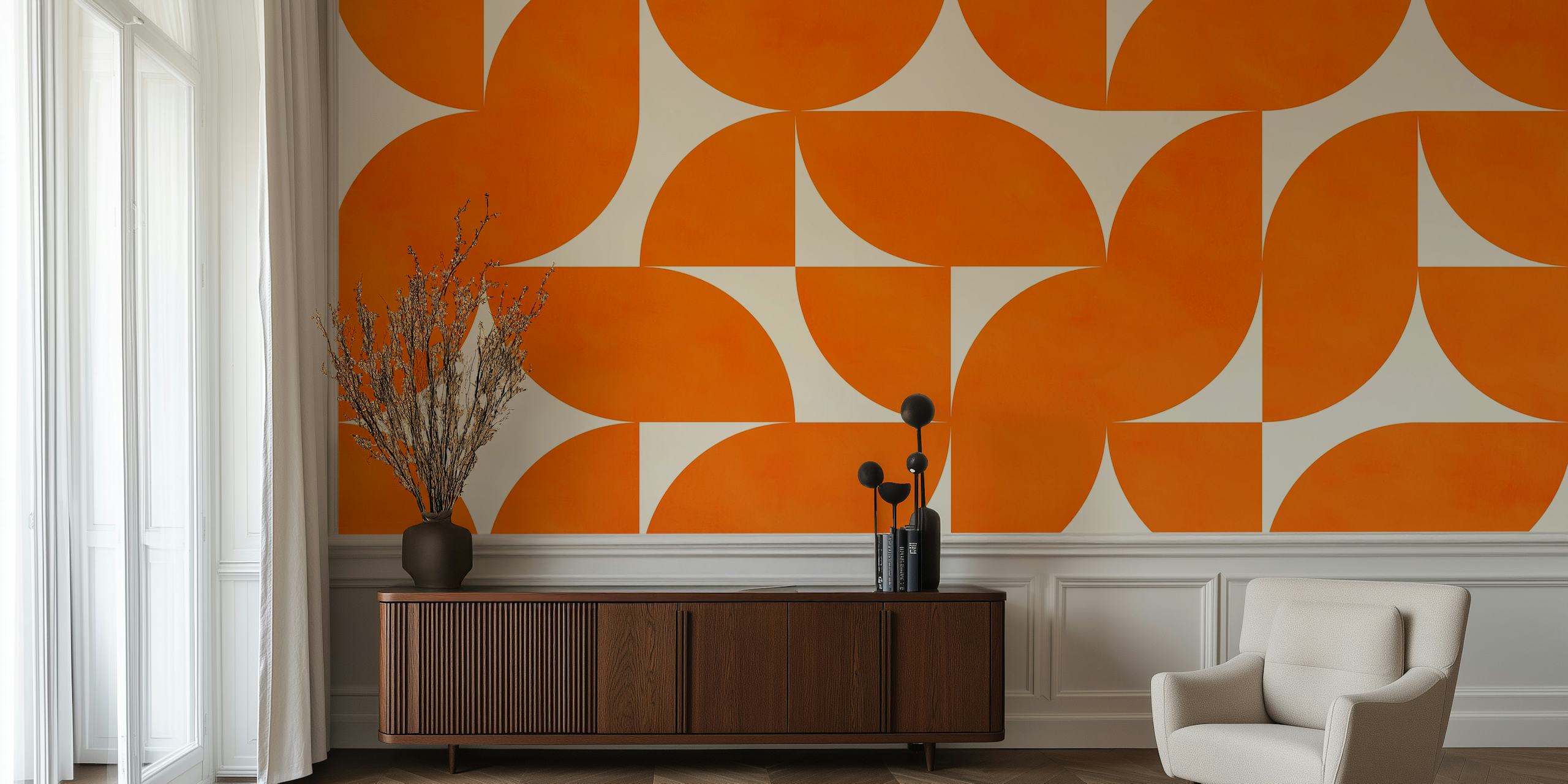 Geometric shapes in orange on a cream background wallpaper