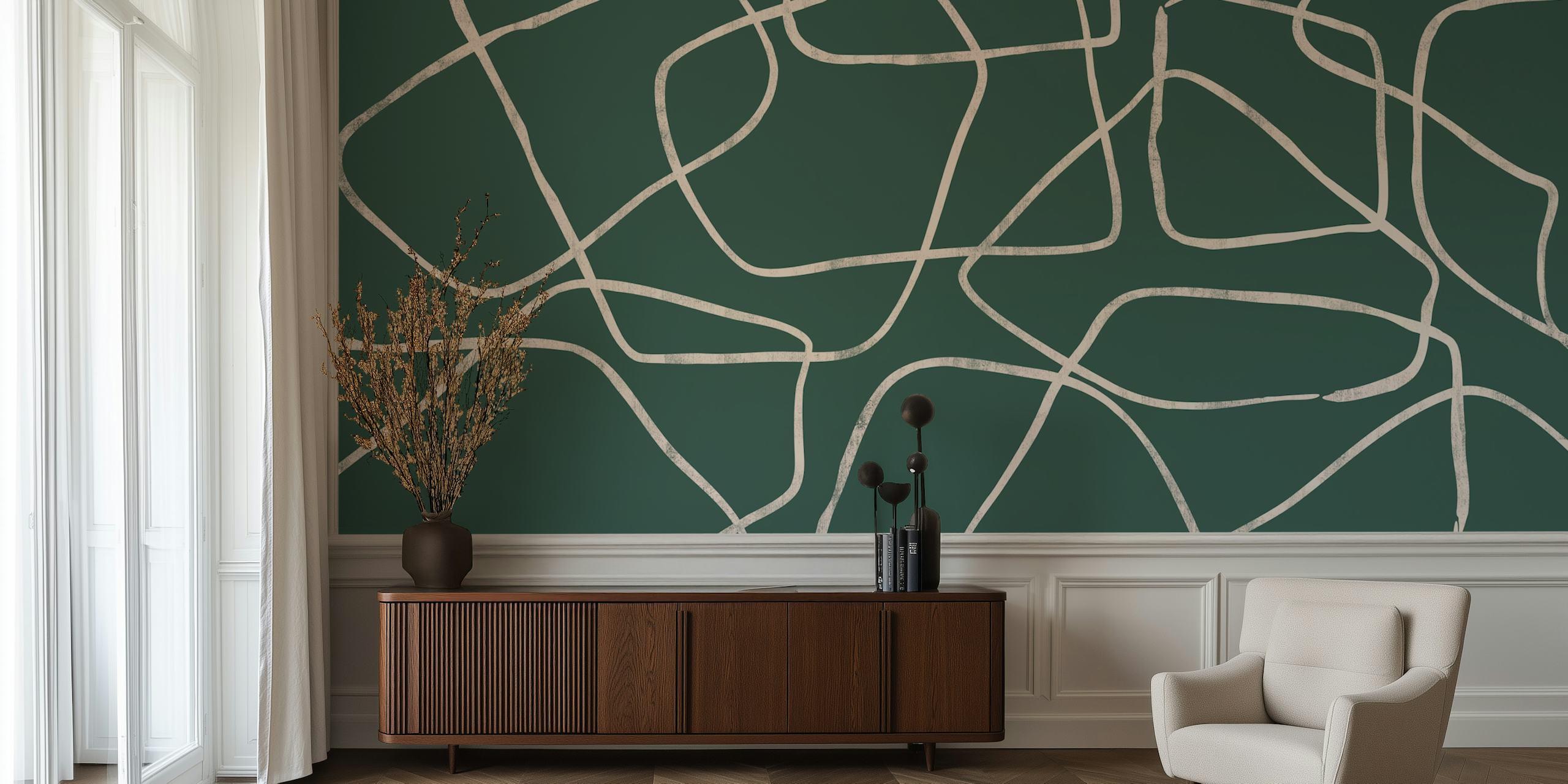 Abstract lines in beige on a green background wallpaper