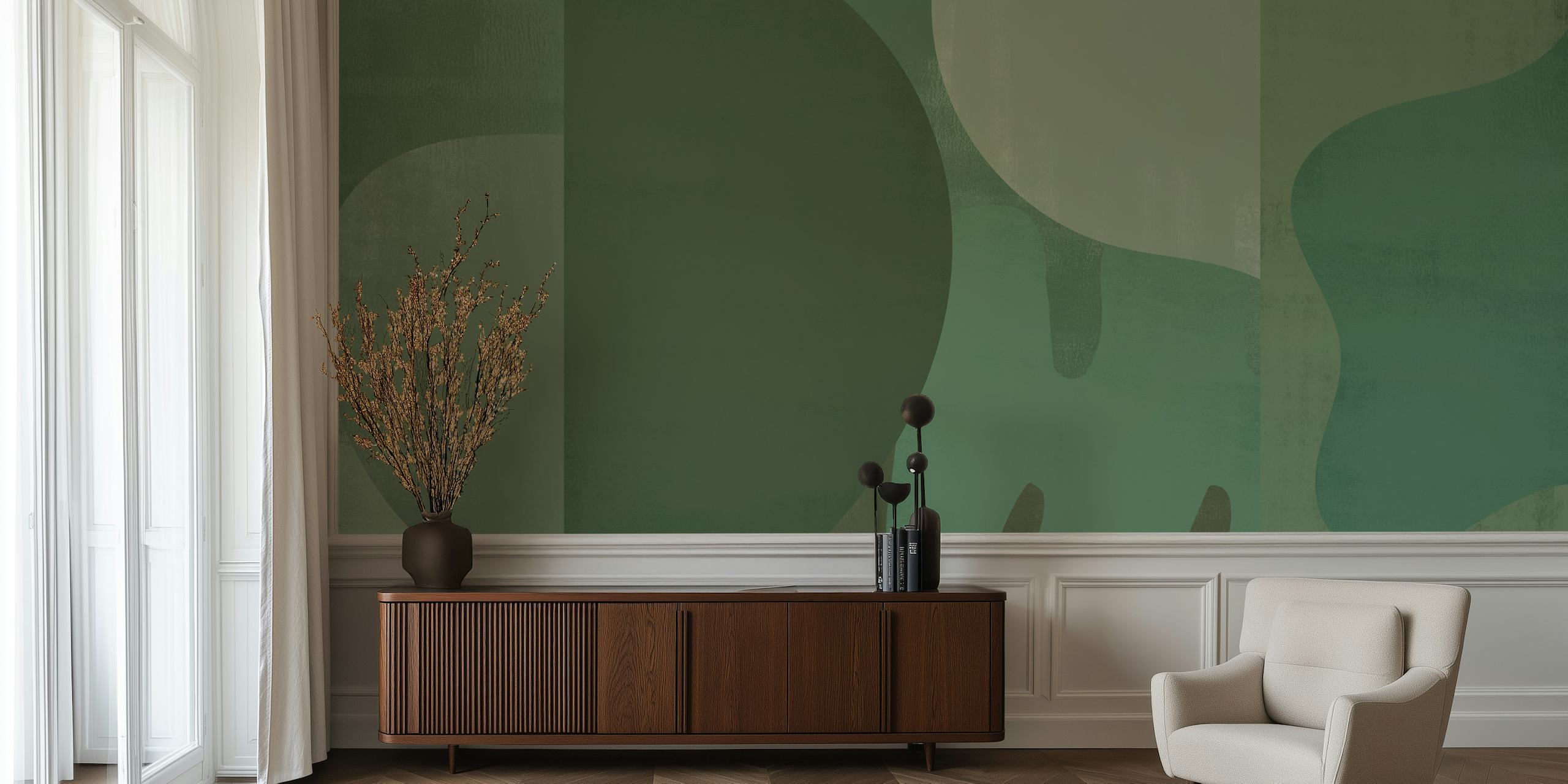 Abstract shapes in green tones and textures wallpaper