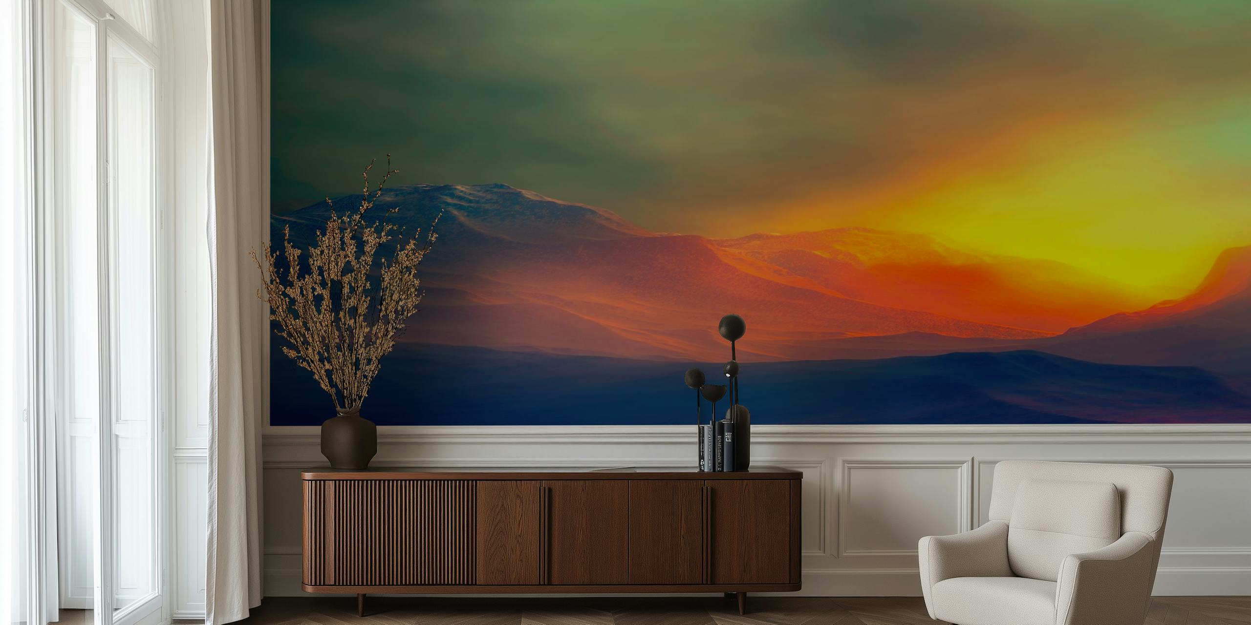 Mountains at sunset wallpaper in a room
