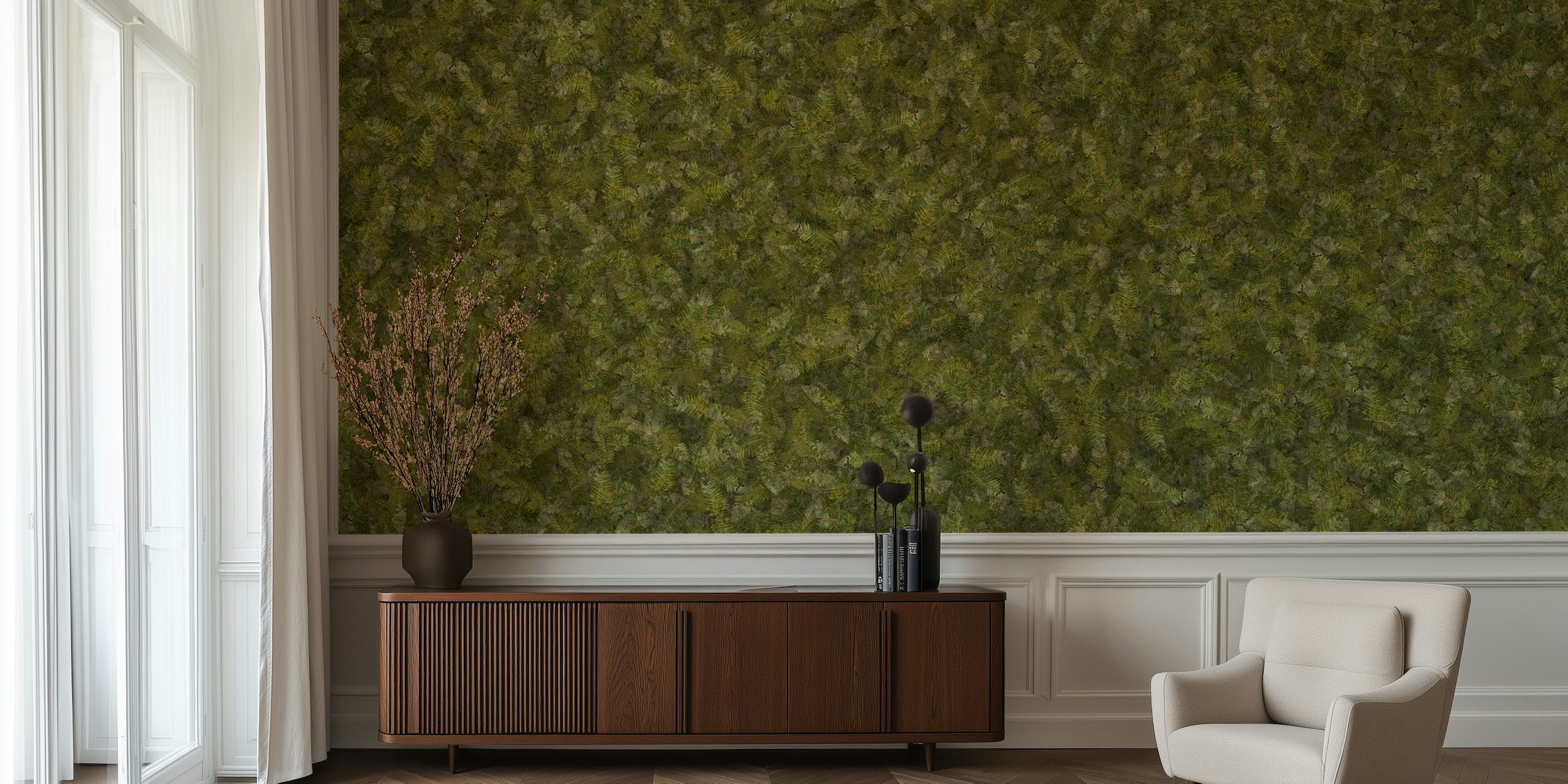 Deep green fern wallpaper in a room