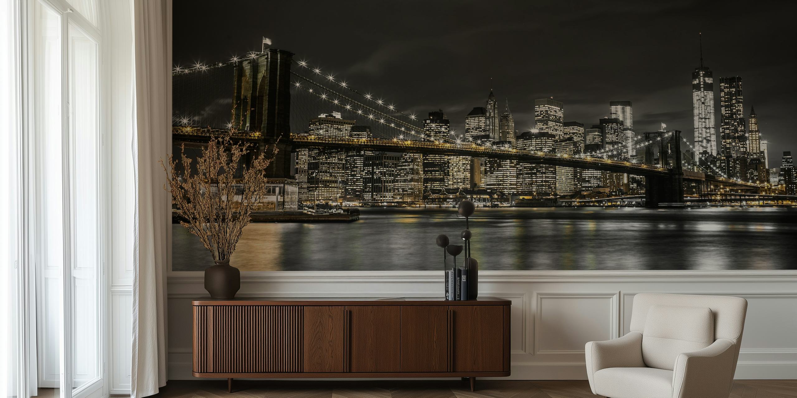 Black and white wallpaper featuring Brooklyn Bridge and city skyline