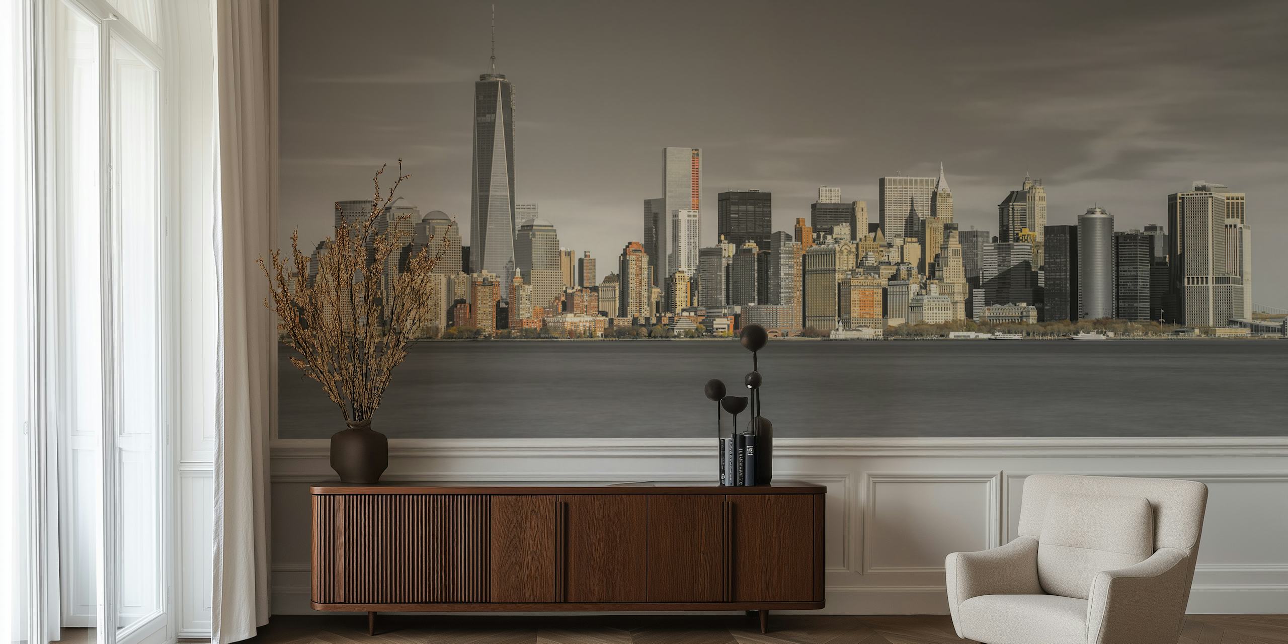 Fototapeta Panorama Dolního Manhattanu s mrakodrapy a klidnými vodami pro výzdobu domova a kanceláře