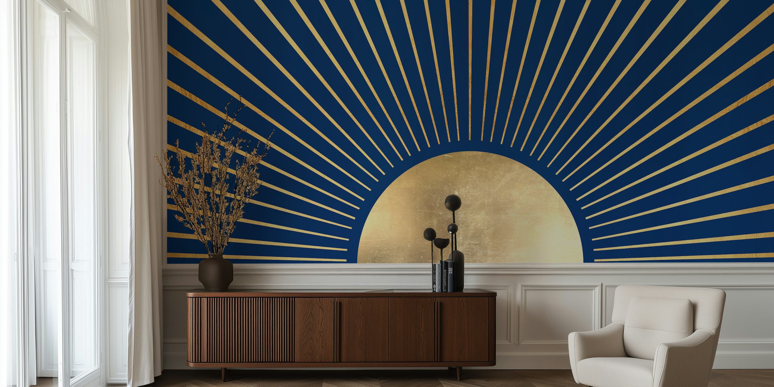 Artistic representation of sunrays mural with radial lines on a deep blue background