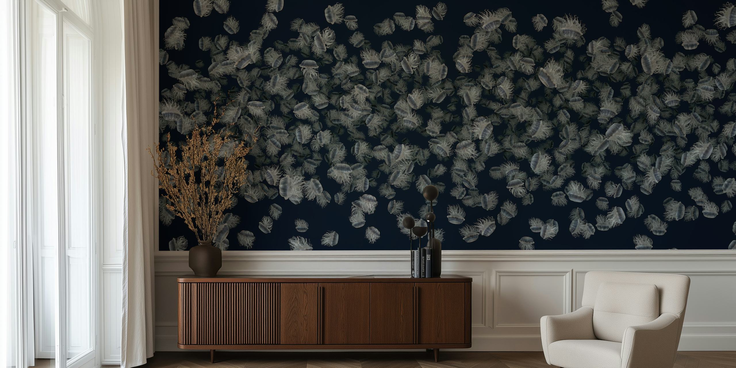 Dancing jellyfish wallpaper in a modern room