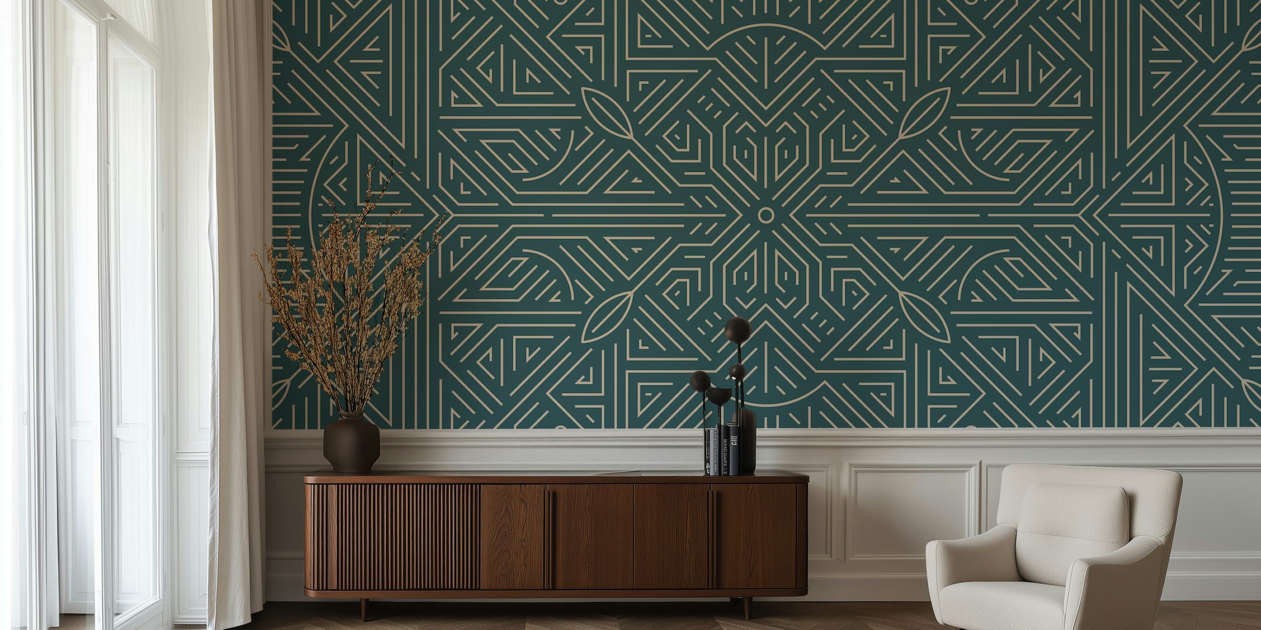 Geometric pattern in blue and cream wallpaper