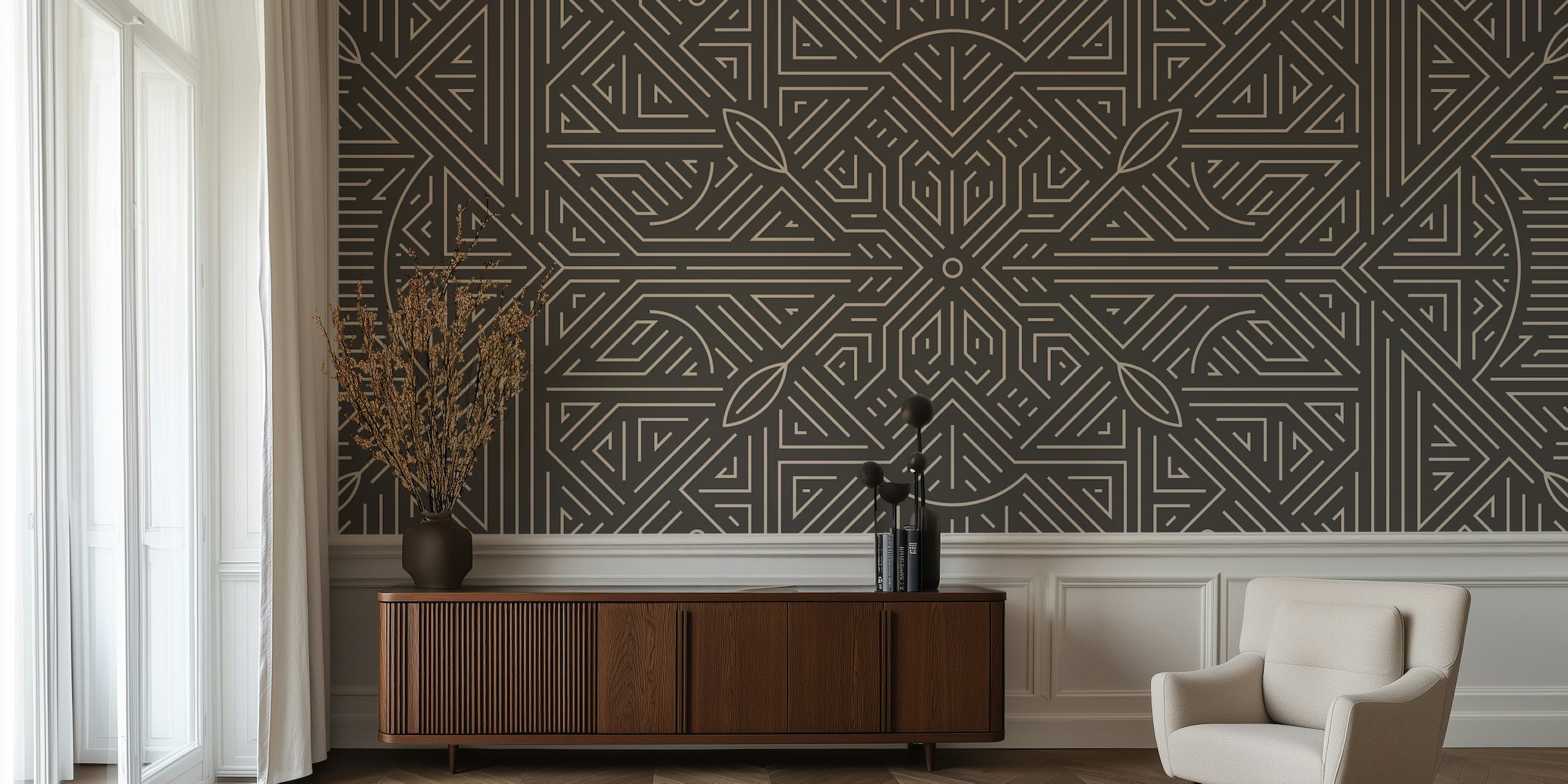 Mayan inspired wallpaper design in a room