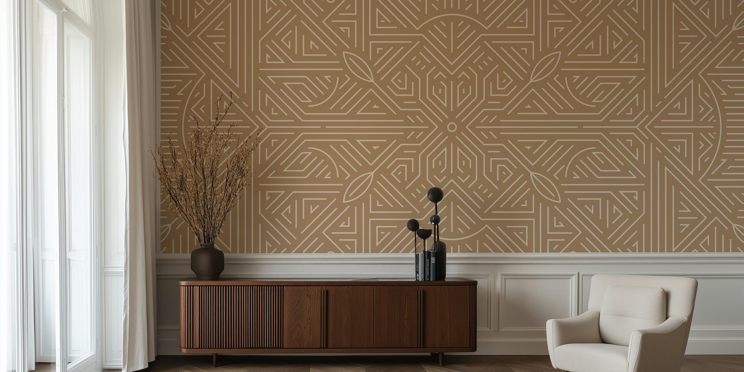 Geometric beige wallpaper with intricate line patterns