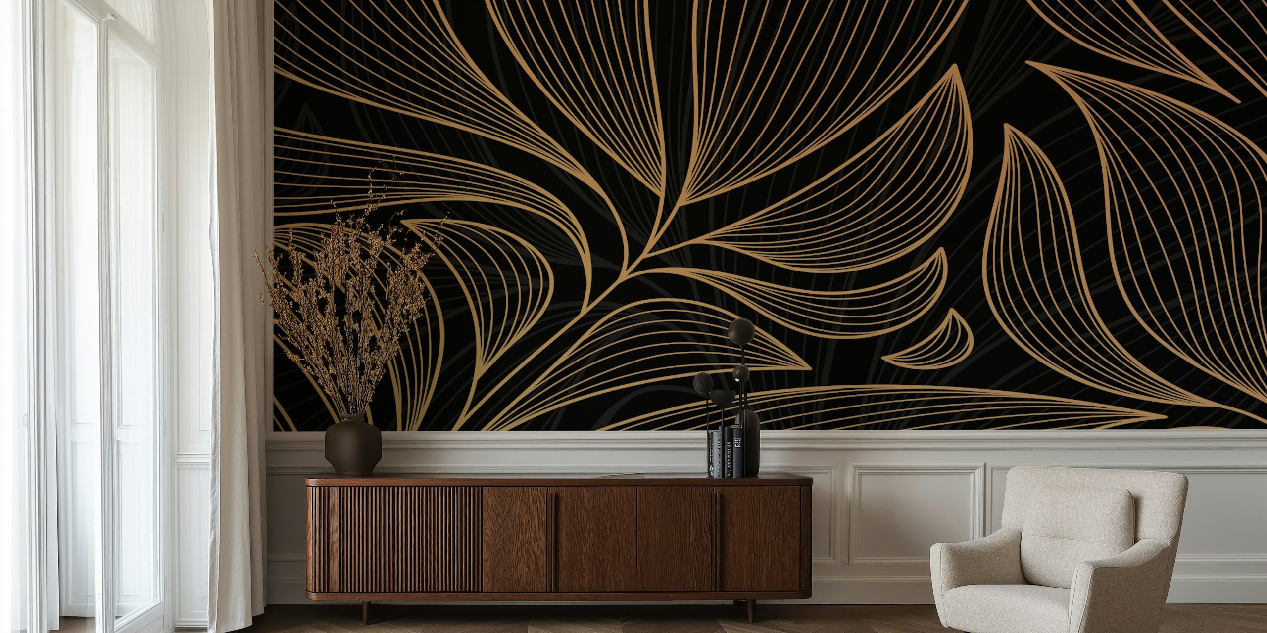 Gold floral pattern against a black background wallpaper