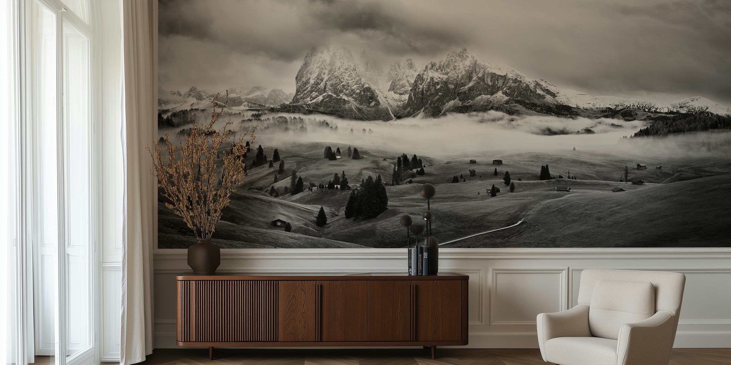 Foggy Dolomites mountains landscape in black and white wallpaper