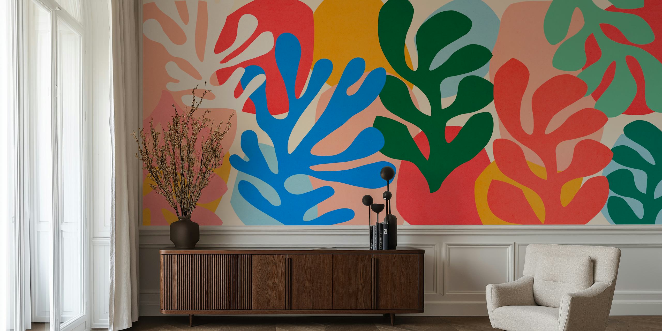 Abstract botanical wall mural with vibrant Matisse-inspired cut-out design