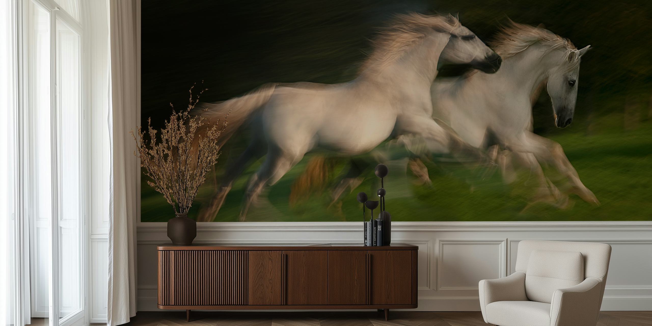 Galloping horses wallpaper in a room