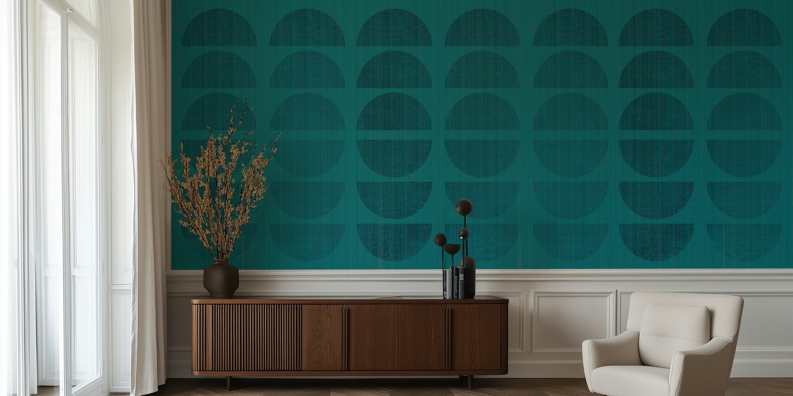 Geometric teal wallpaper with half-circle patterns, Bauhaus style design