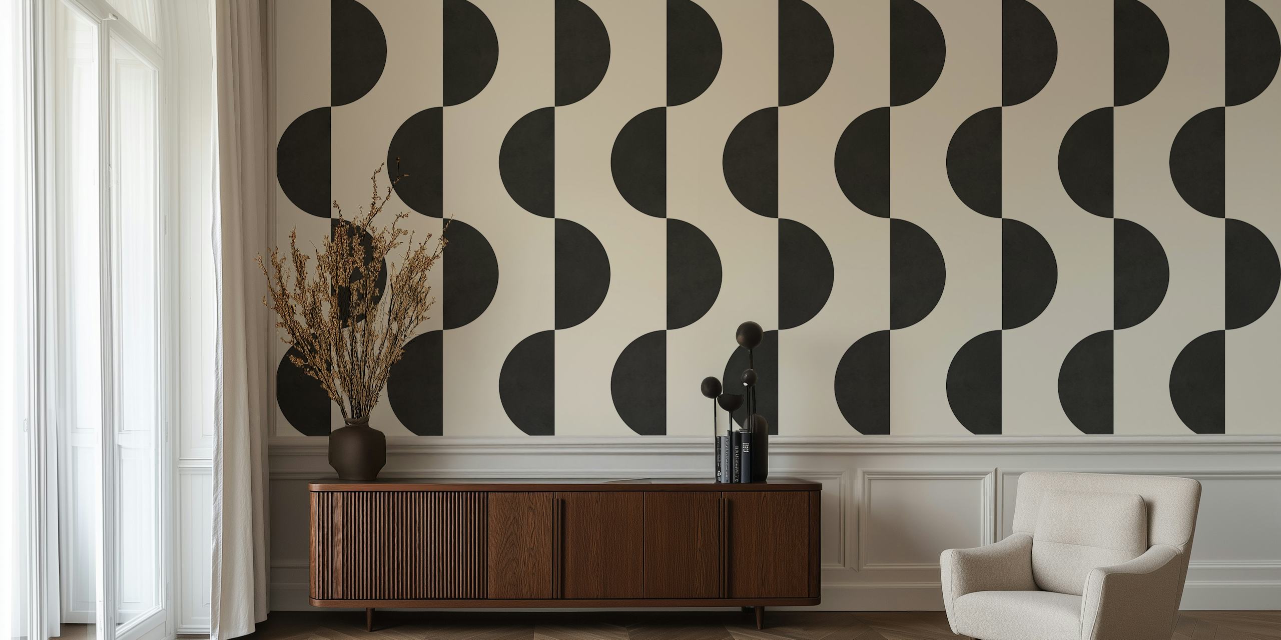 Black and white geometric pattern wallpaper featuring lines and circles.
