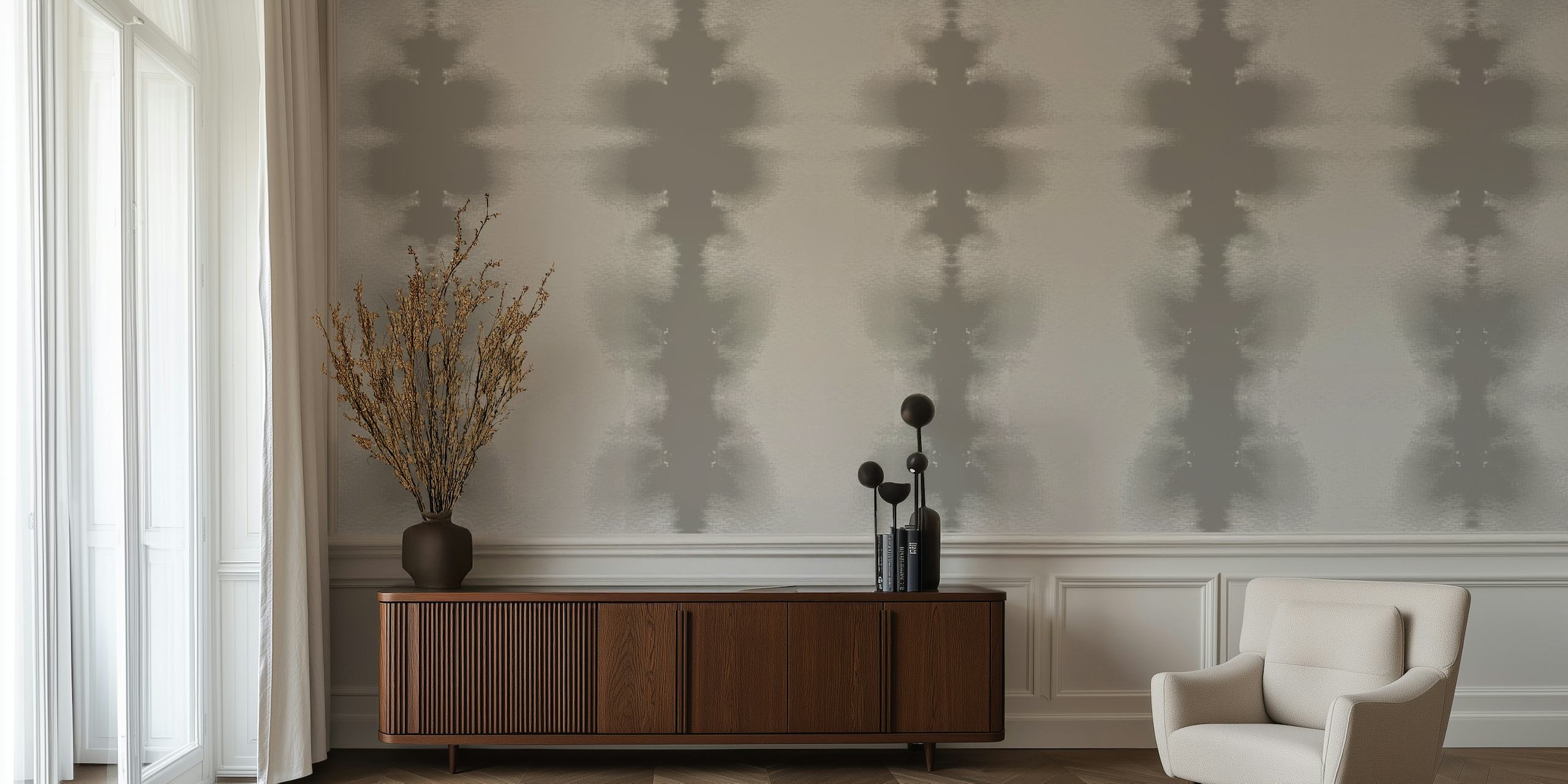 Mural de parede com padrão geométrico abstrato em tons de cinza, criando um ambiente zen