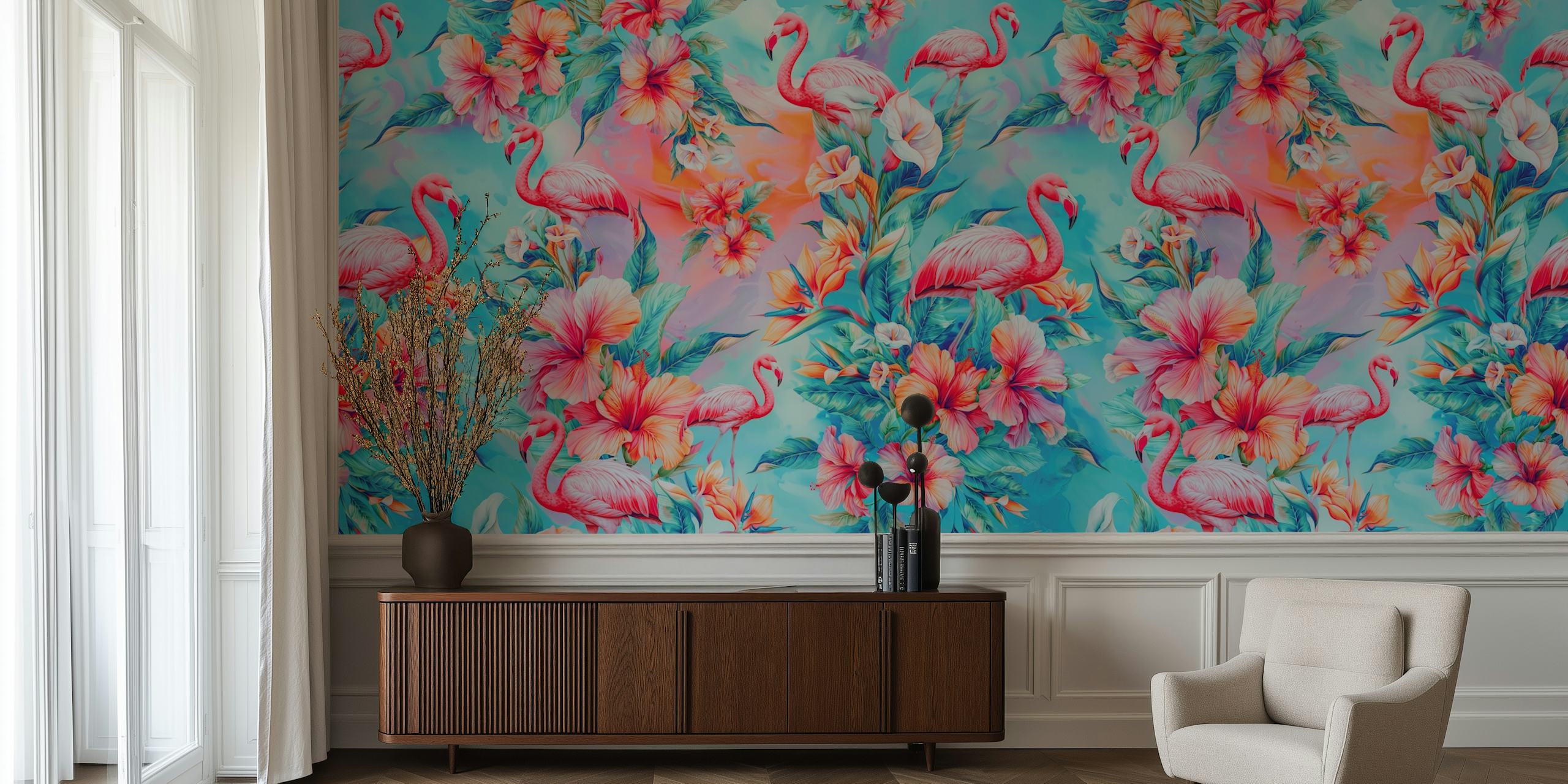 Floral Flamingo Haven tapetti huoneessa