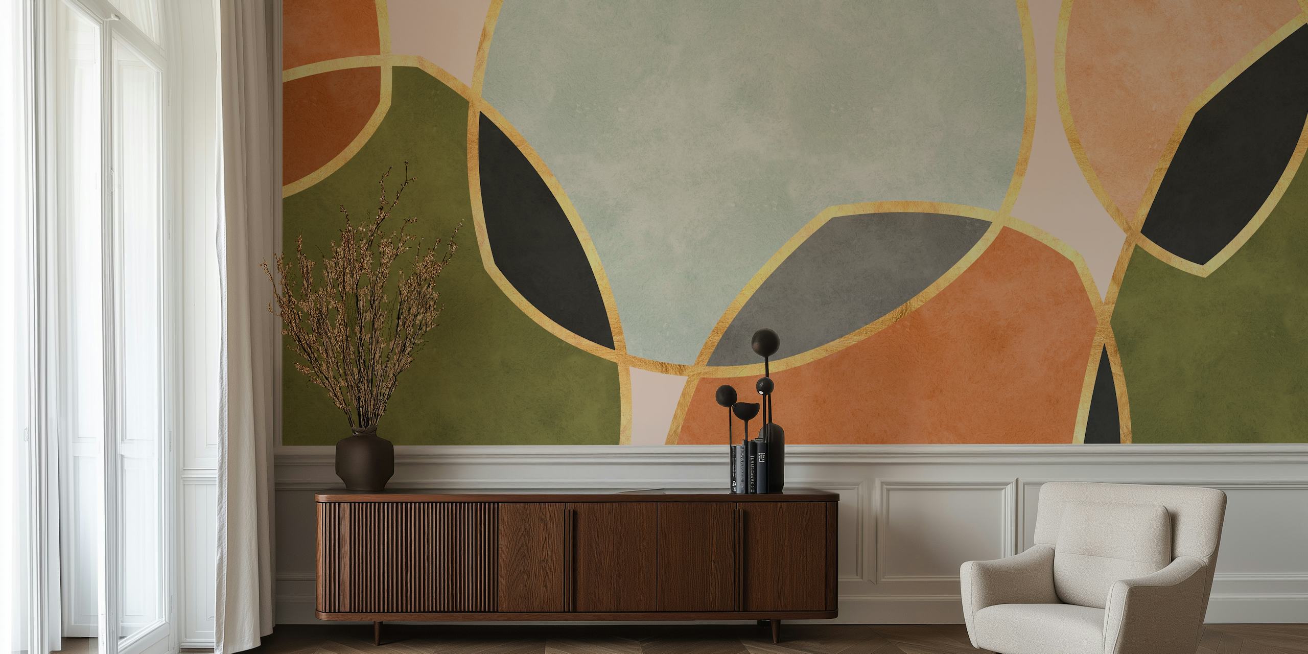 Muted geometric shapes in earthy tones with gold outlines wallpaper