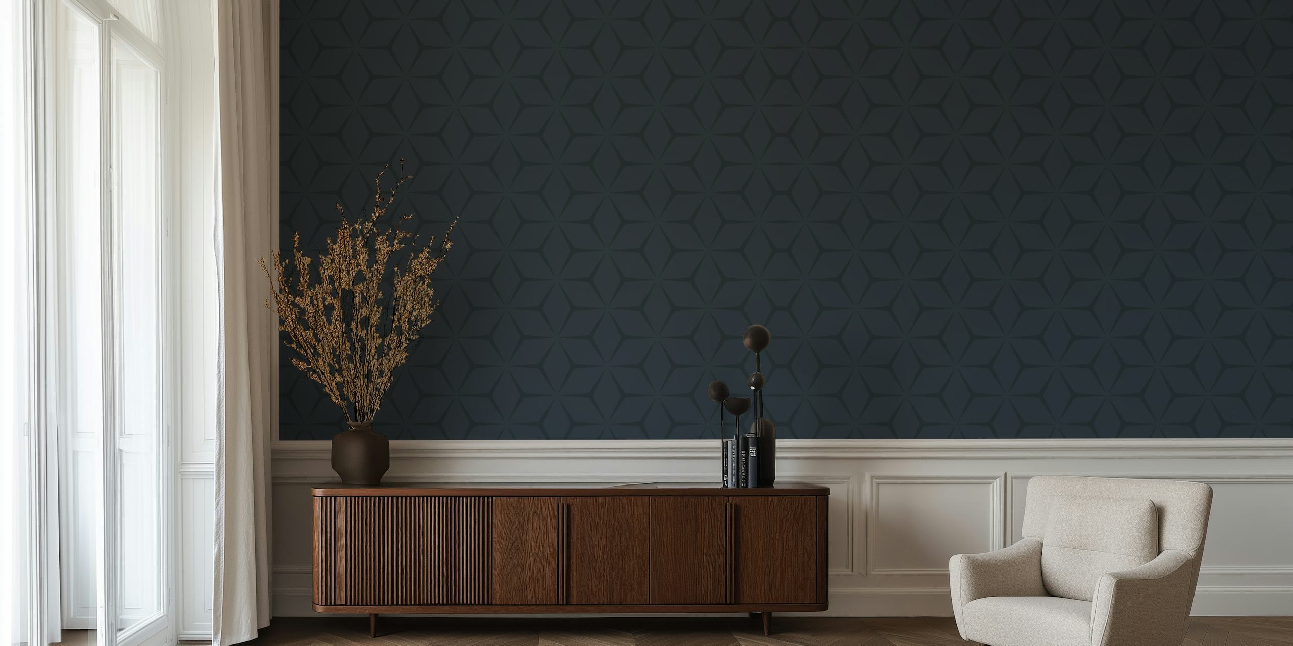 Geometrisch patroon in diepblauw op wallpaper.