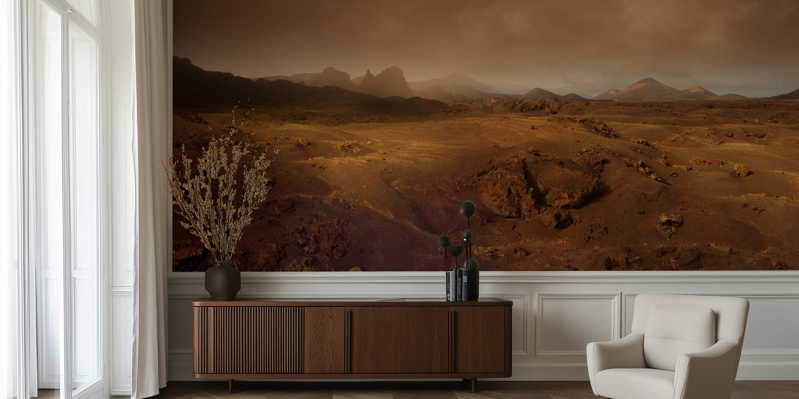 Volcanic landscape wall mural with morning fog