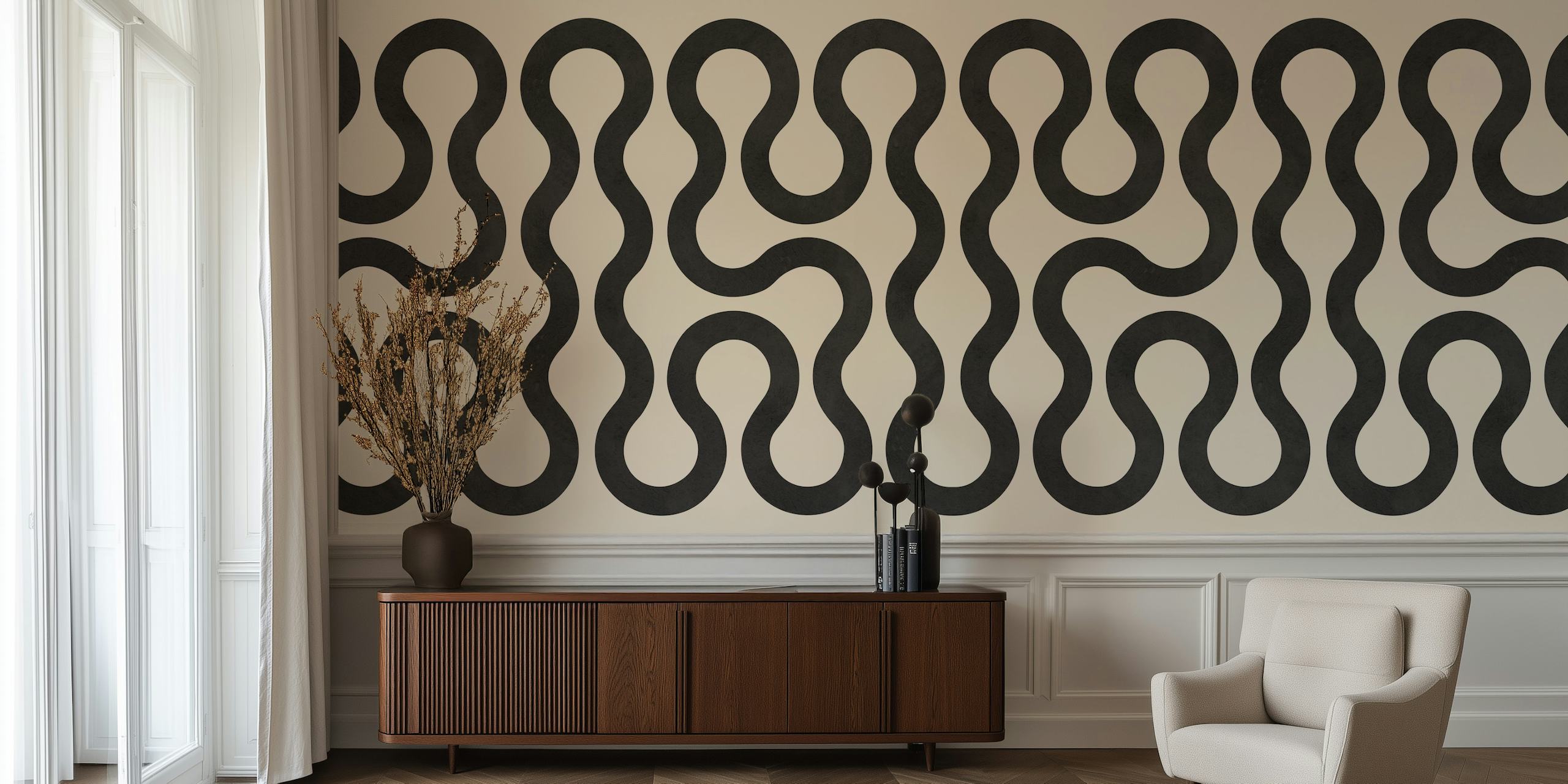 Artistic wall mural featuring a pattern of interconnected lines and circles in a monochrome palette