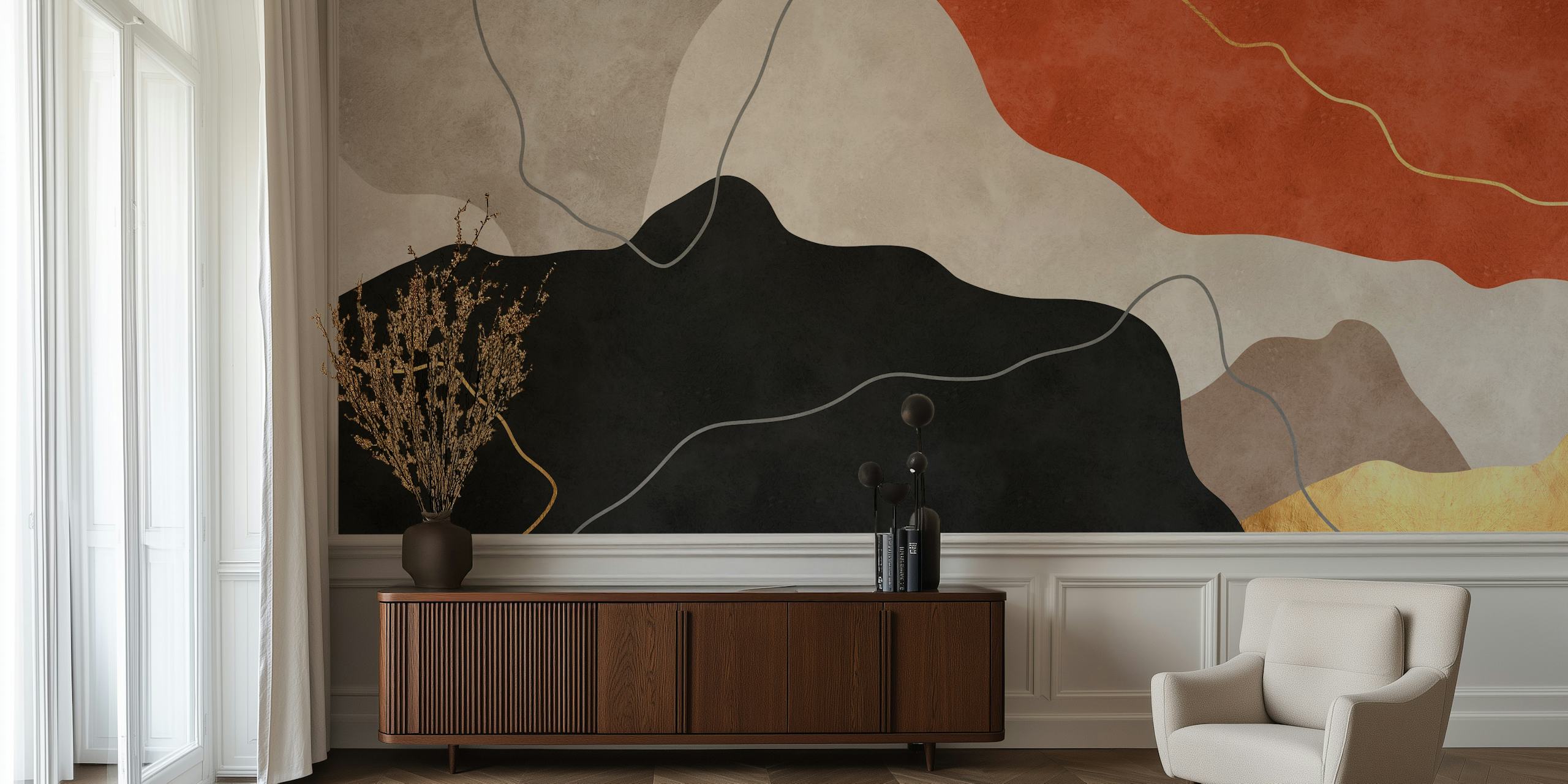 Abstract shapes in warm tones with gold lines wallpaper