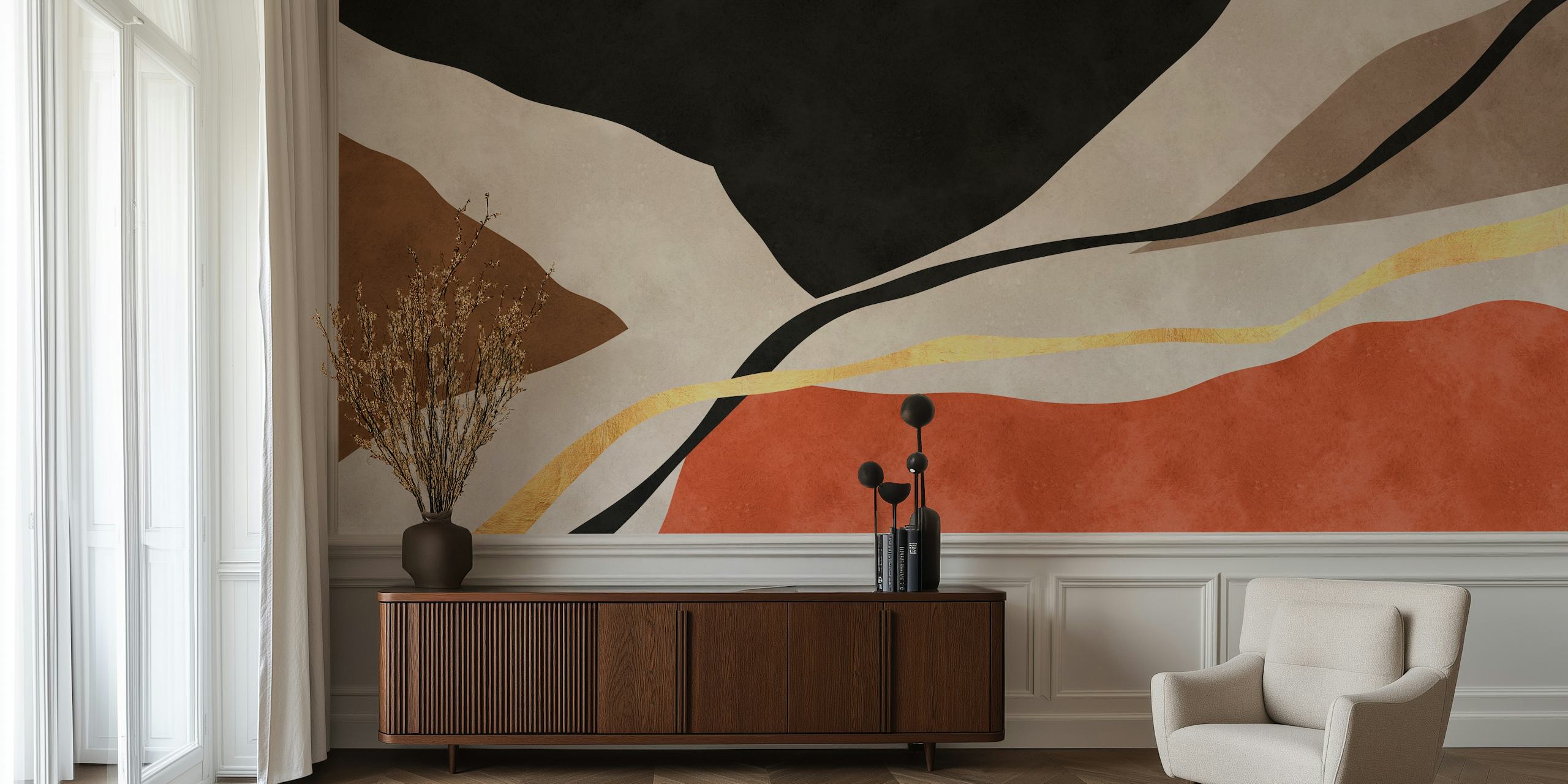 Abstract shapes in black, beige, and orange pattern wallpaper