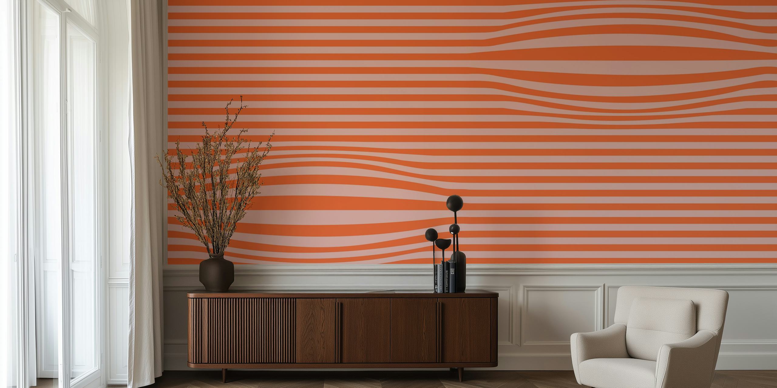 Modern orange and pink striped wave pattern wall mural