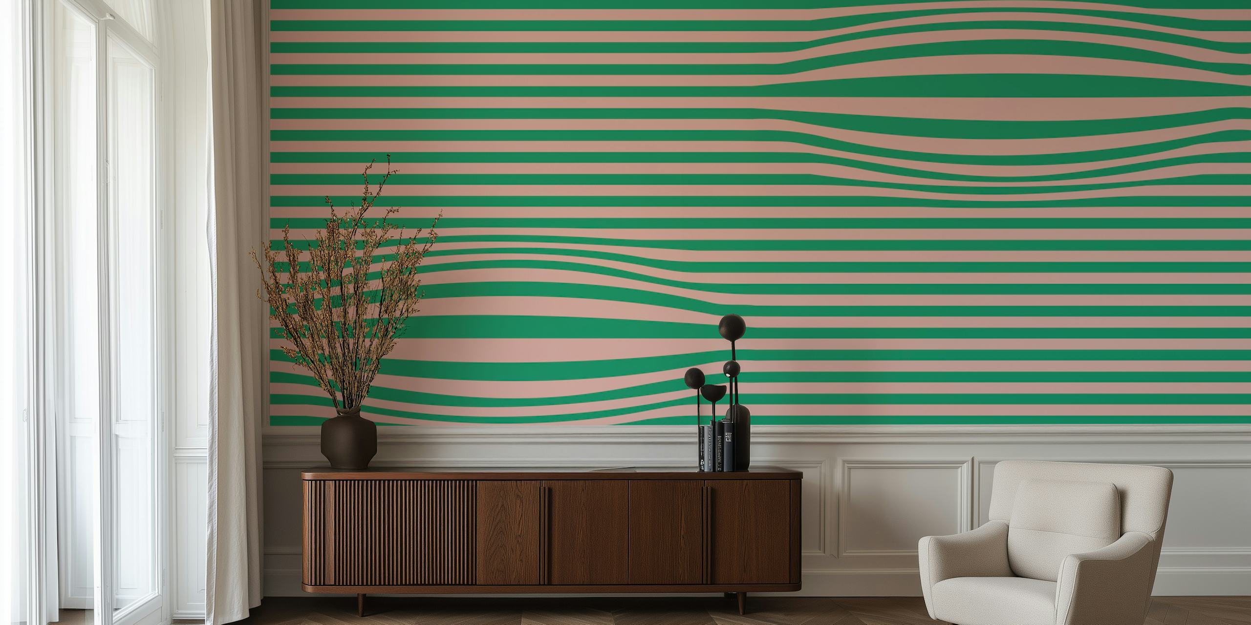 Green and pink striped wallpaper in retro style