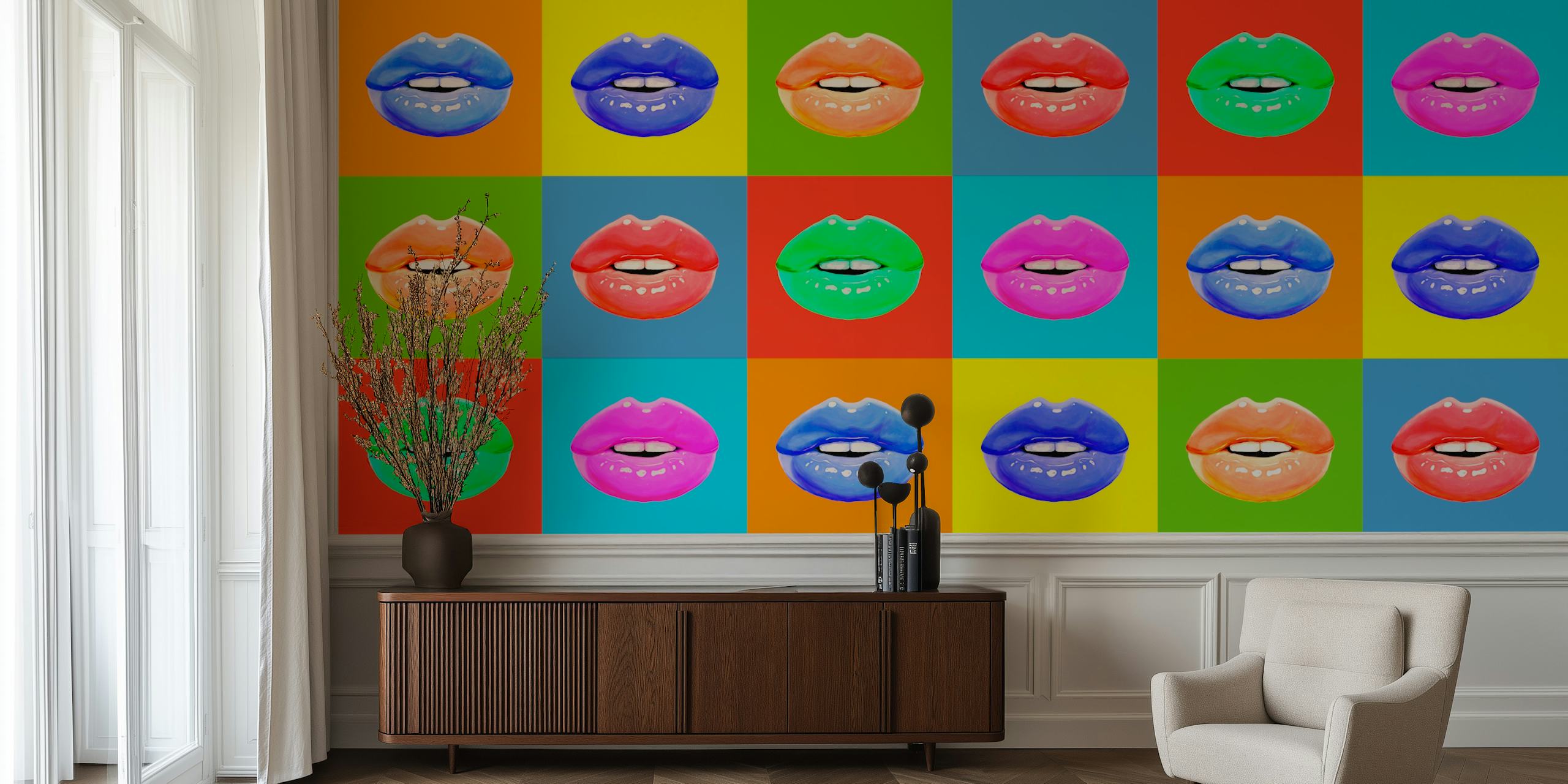 Fototapeta Colored Lips s řadami různobarevných rtů na různém pevném pozadí