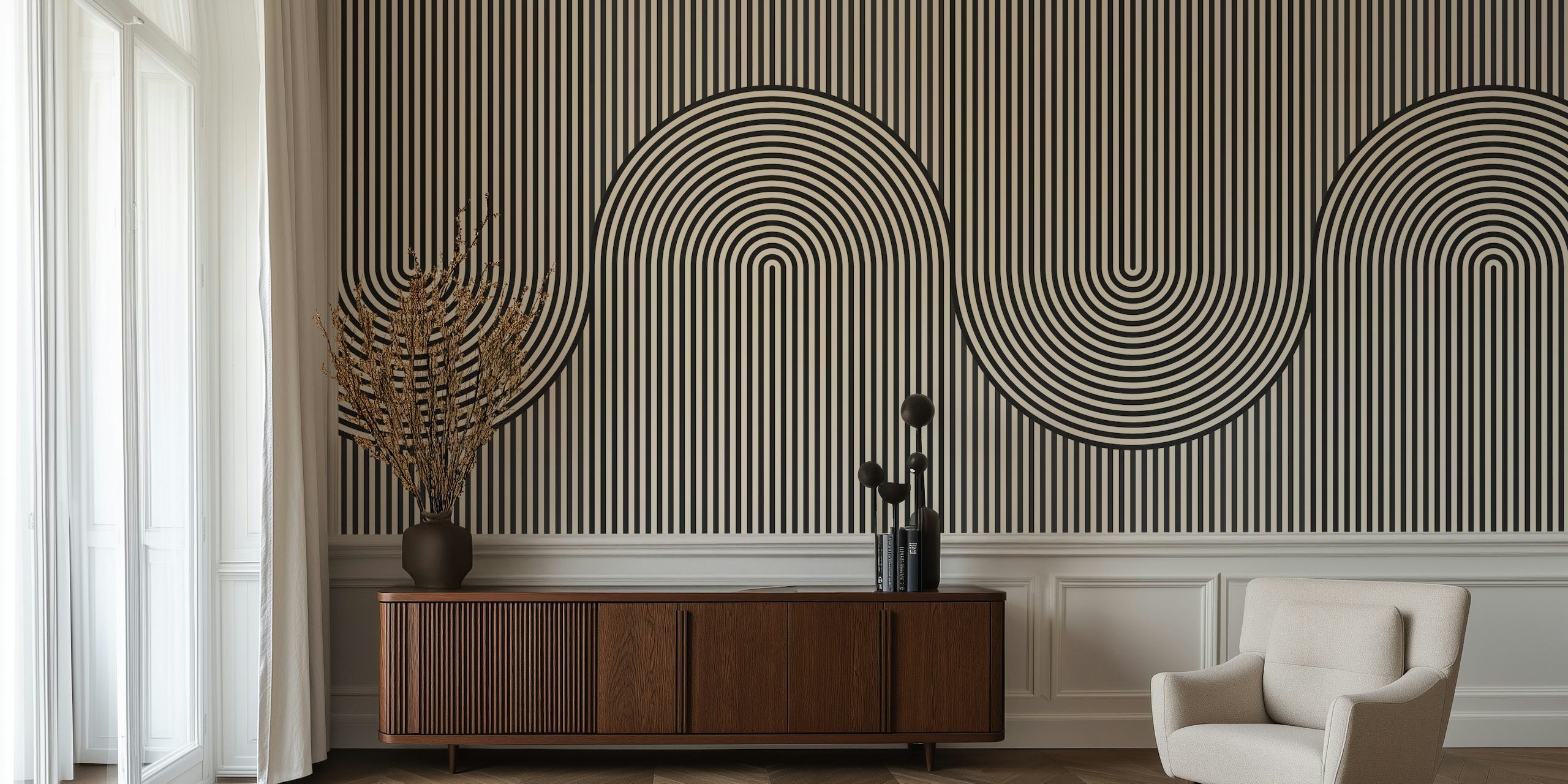 Black and white overlapping lines and circles geometric wallpaper